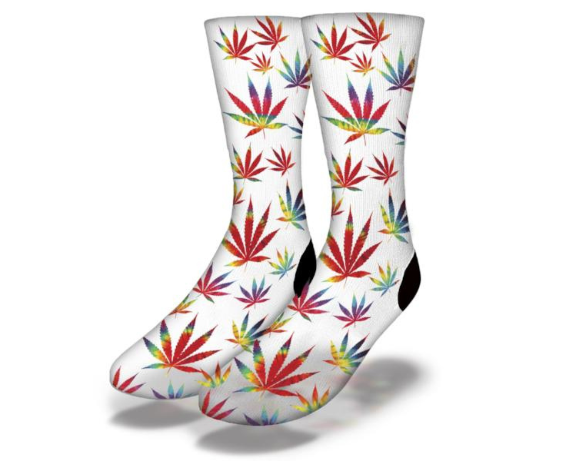 Colorful tie-dye socks featuring cannabis pot leaf design, perfect for stoners and fun sock lovers.