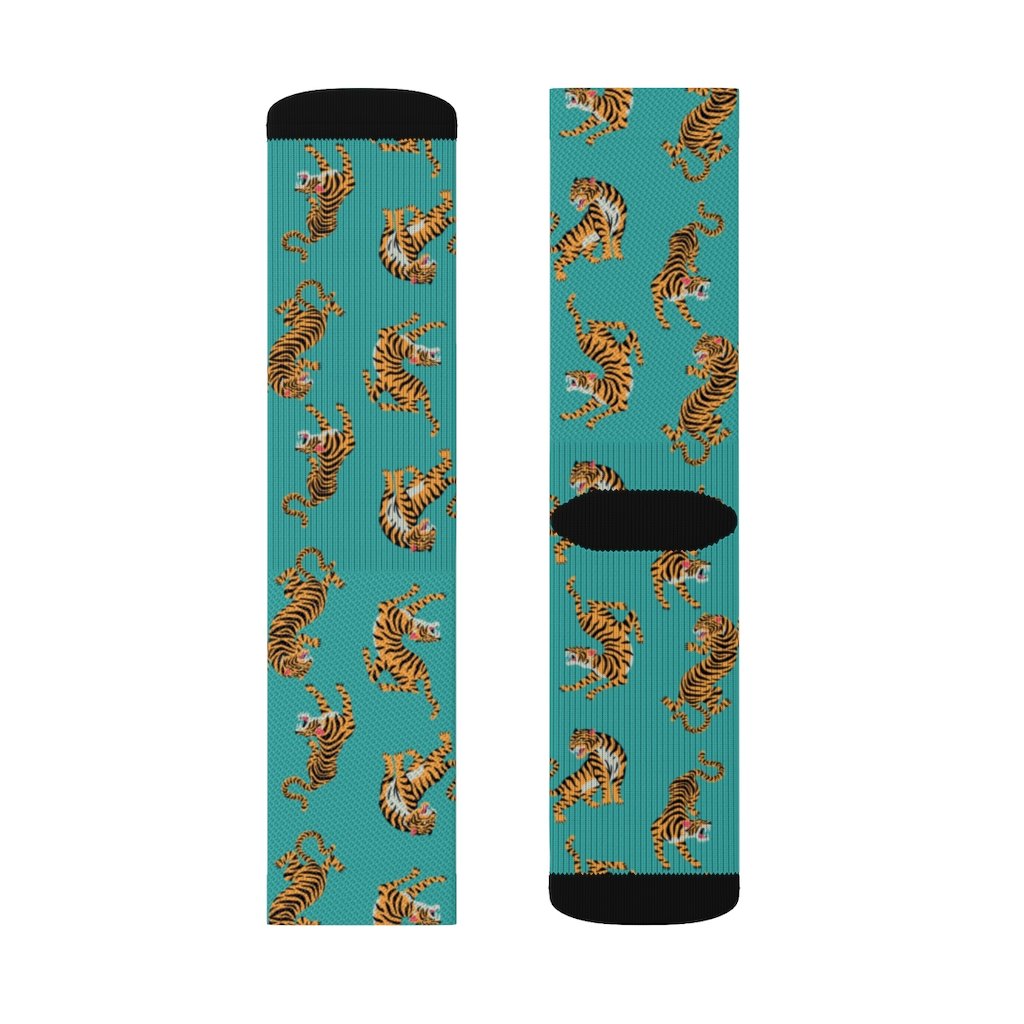 A pair of stylish Tiger Fun Novelty Socks featuring a vibrant tiger print design, perfect for adding flair to any outfit.