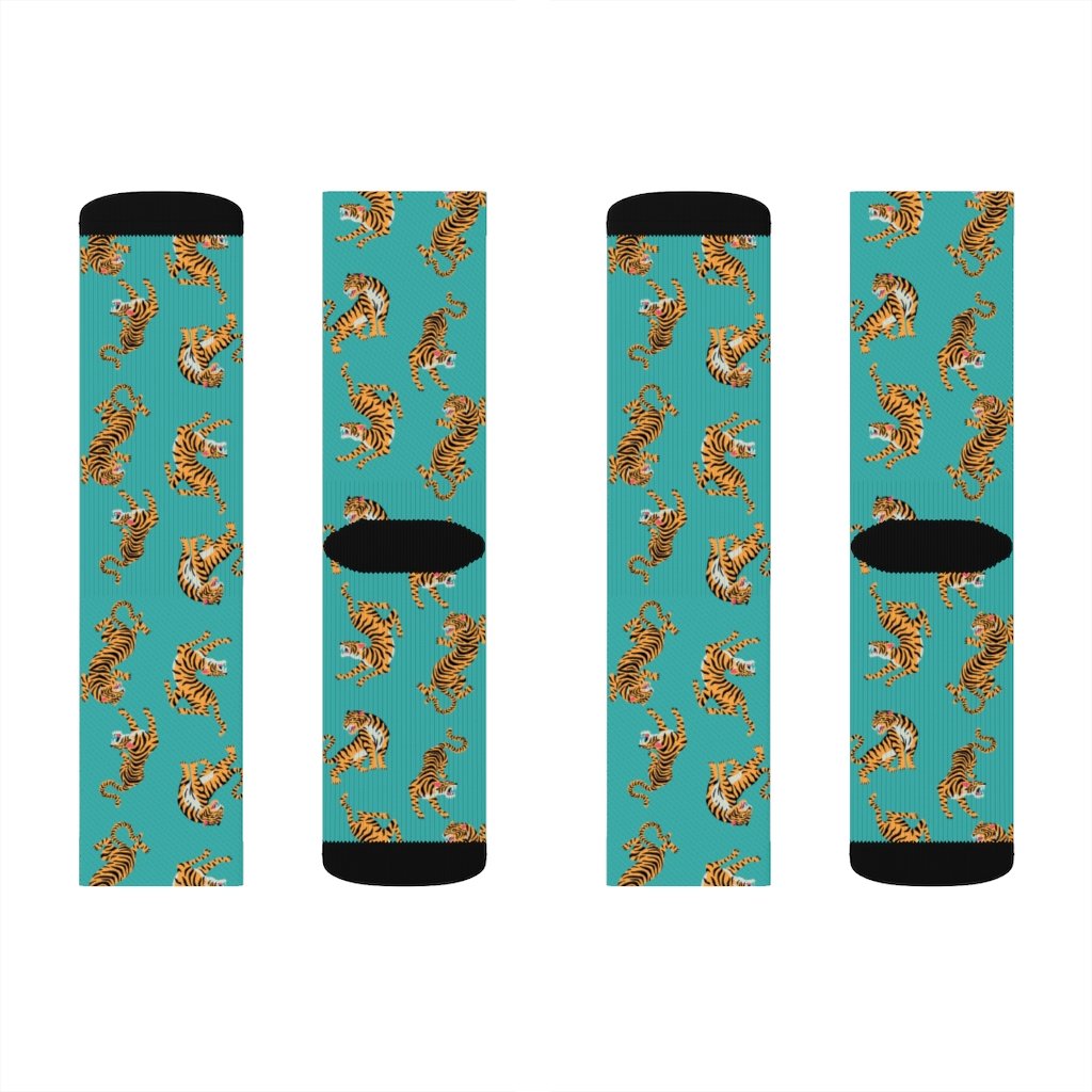 A pair of stylish Tiger Fun Novelty Socks featuring a vibrant tiger print design, perfect for adding flair to any outfit.