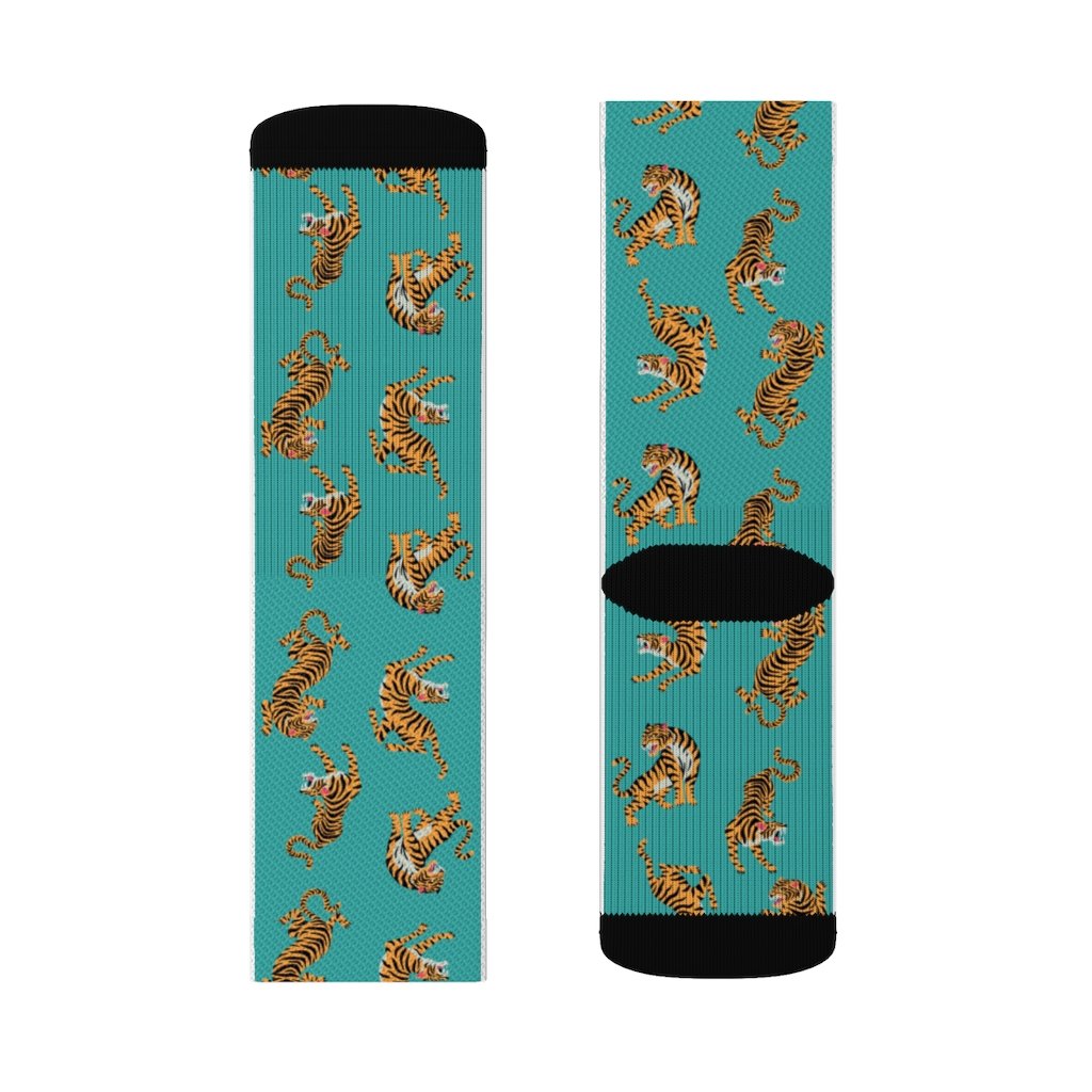 A pair of stylish Tiger Fun Novelty Socks featuring a vibrant tiger print design, perfect for adding flair to any outfit.