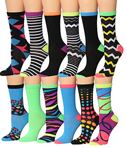 A colorful assortment of Tipi Toe women's crew socks featuring funky patterns and vibrant colors, neatly arranged in pairs.