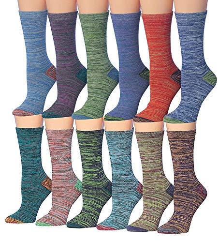 A colorful assortment of Tipi Toe Women's crew socks featuring various patterns and designs, neatly arranged in pairs.