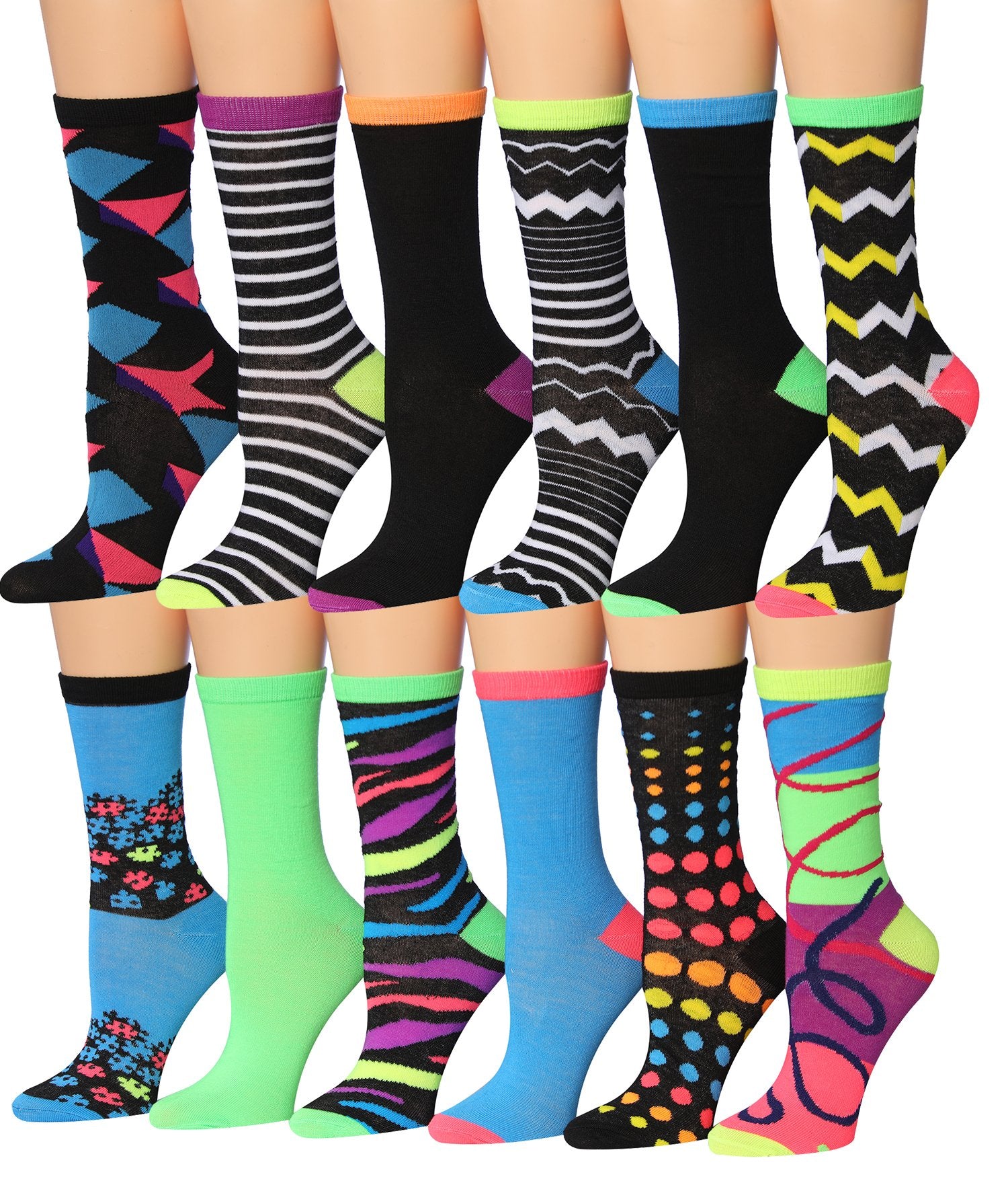 A colorful assortment of Tipi Toe Women's crew socks featuring various patterns and designs, neatly arranged in pairs.