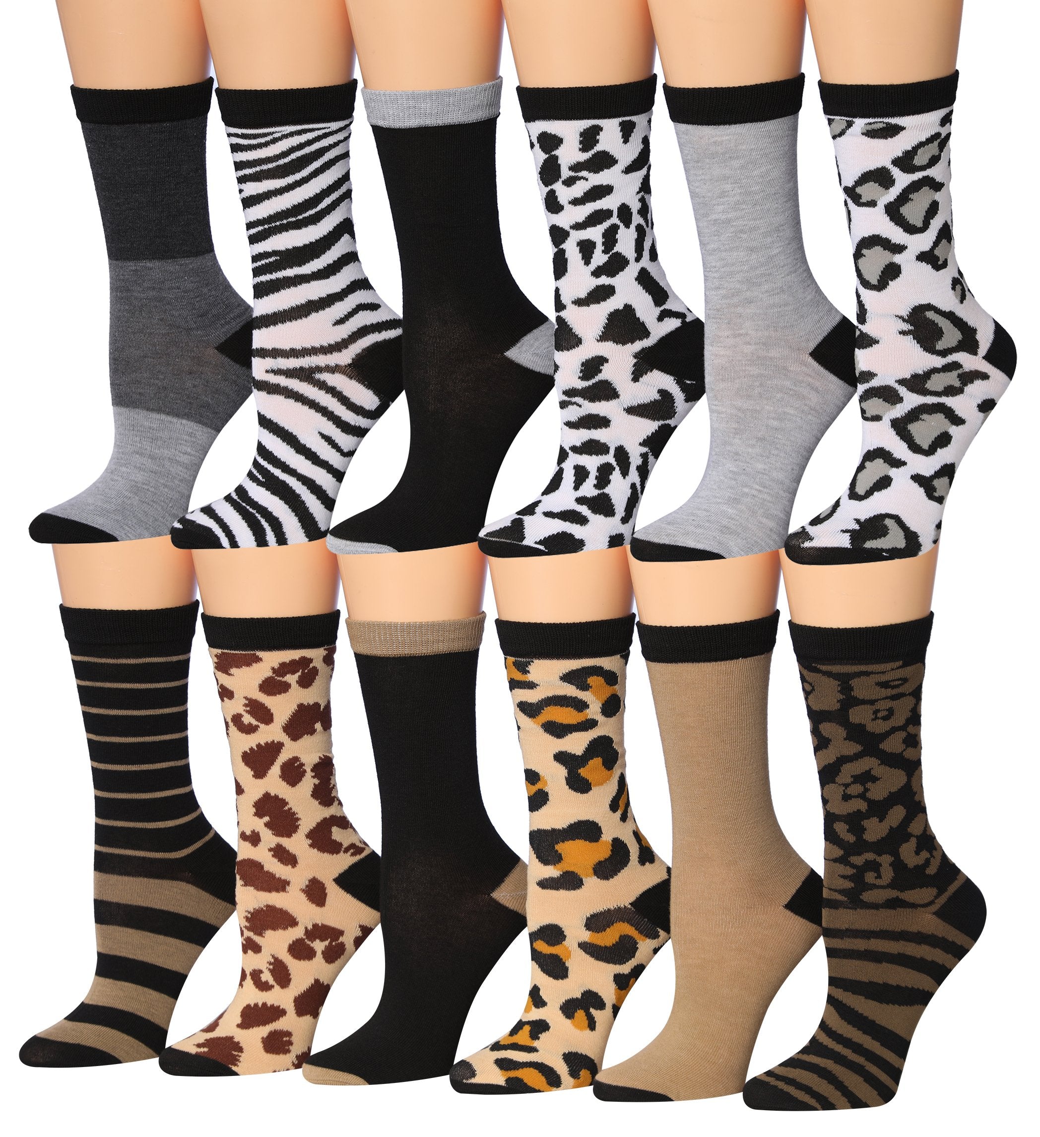 A colorful assortment of Tipi Toe Women's crew socks featuring various patterns and designs, neatly arranged in pairs.