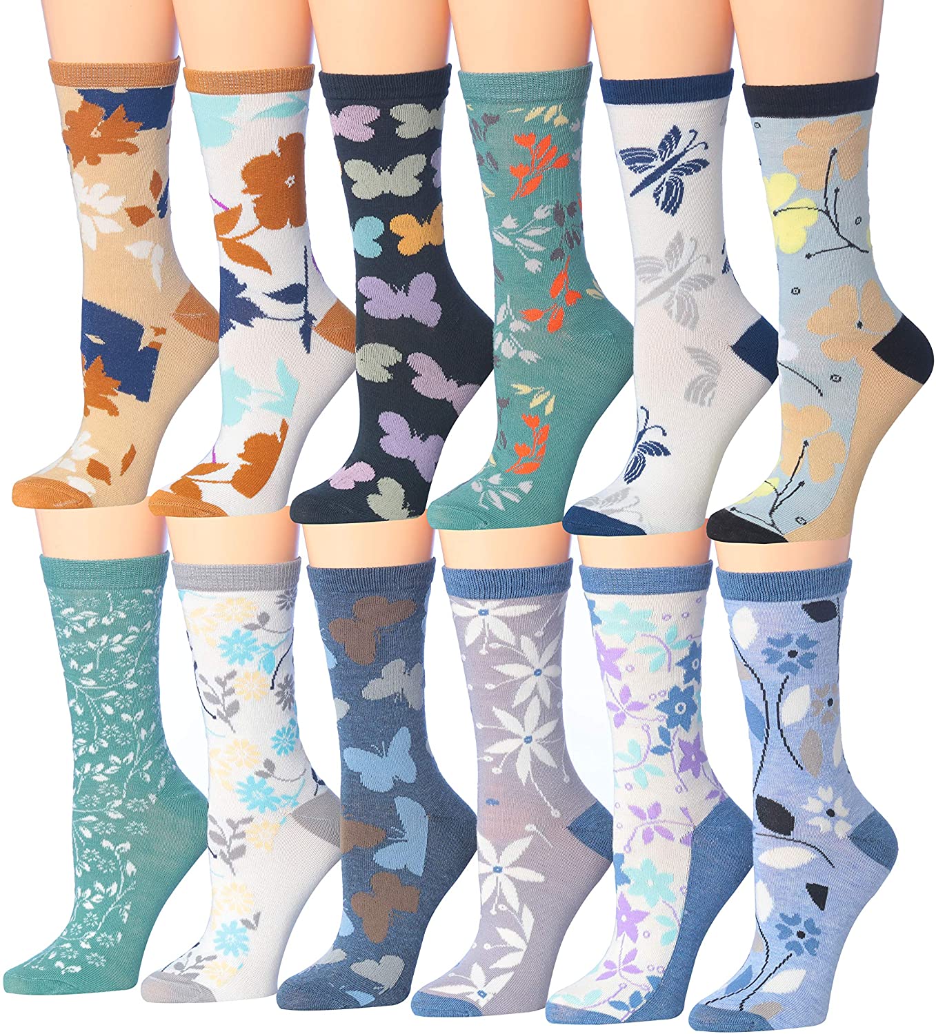 A colorful assortment of Tipi Toe Women's crew socks featuring various patterns and designs, neatly arranged in pairs.