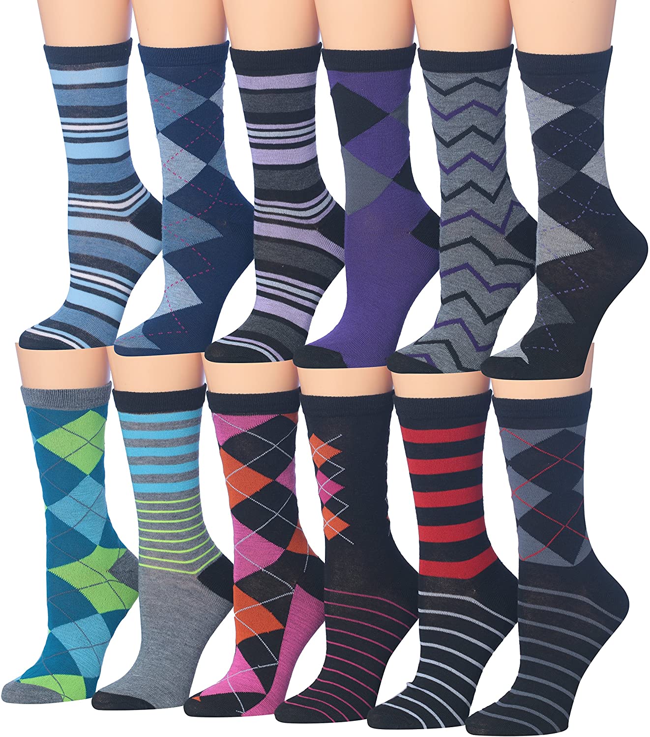 A colorful assortment of Tipi Toe Women's crew socks featuring various patterns and designs, neatly arranged in pairs.