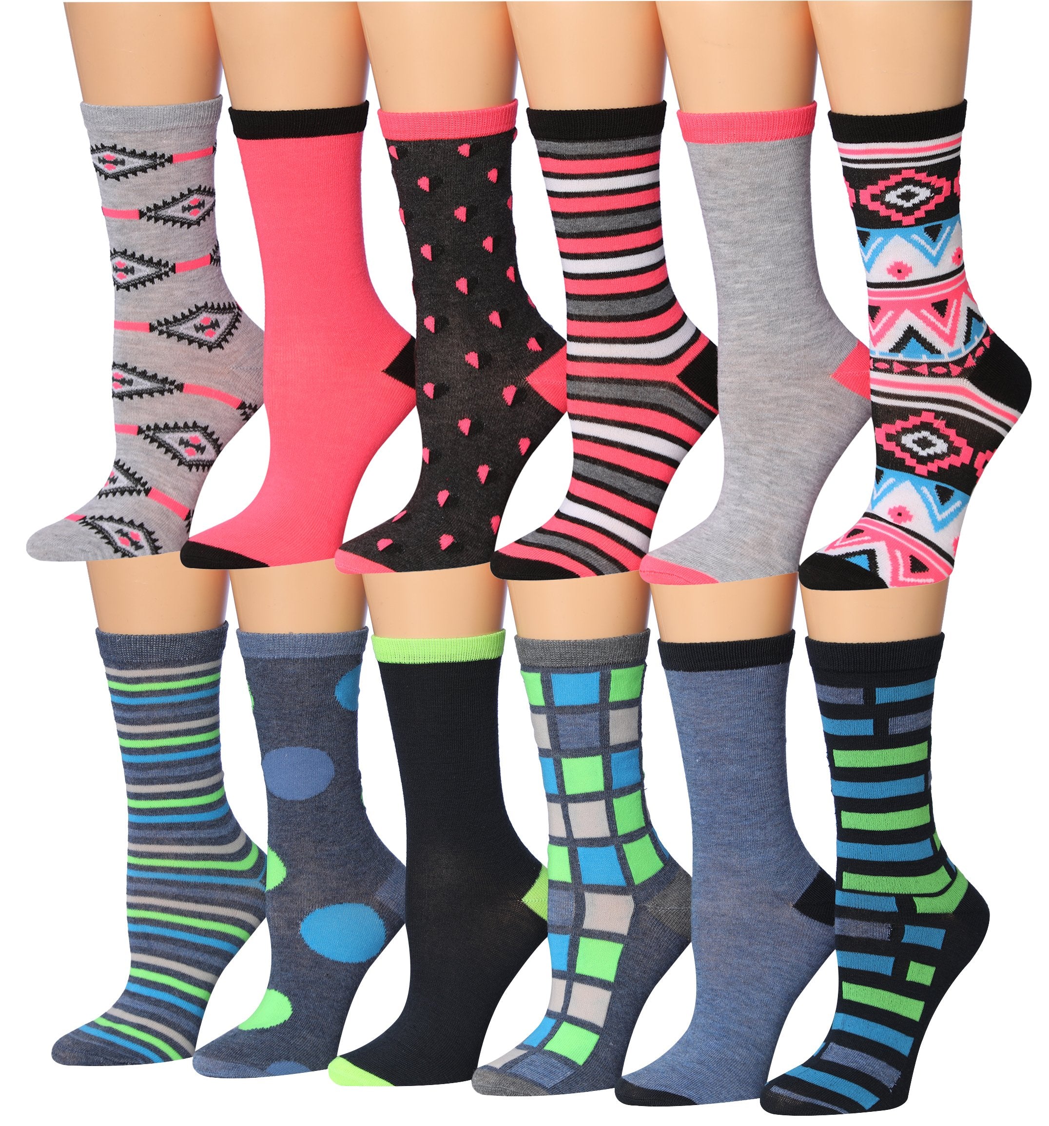 A colorful assortment of Tipi Toe Women's crew socks featuring various patterns and designs, neatly arranged in pairs.