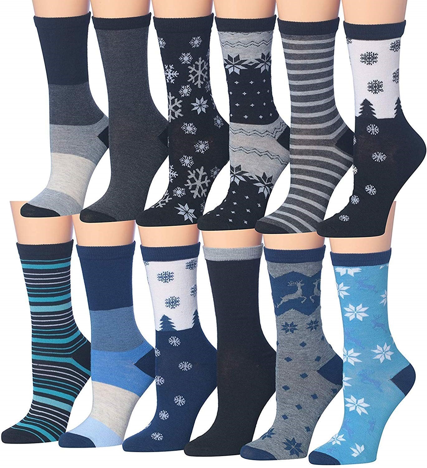 A colorful assortment of Tipi Toe Women's crew socks featuring various patterns and designs, neatly arranged in pairs.