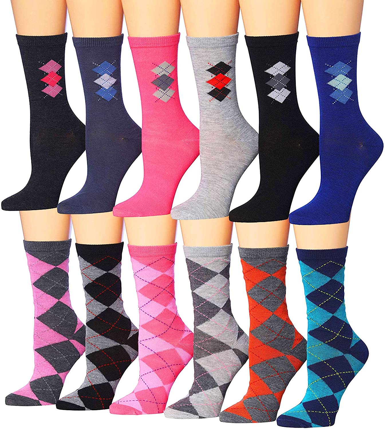 A colorful assortment of Tipi Toe Women's crew socks featuring various patterns and designs, neatly arranged in pairs.