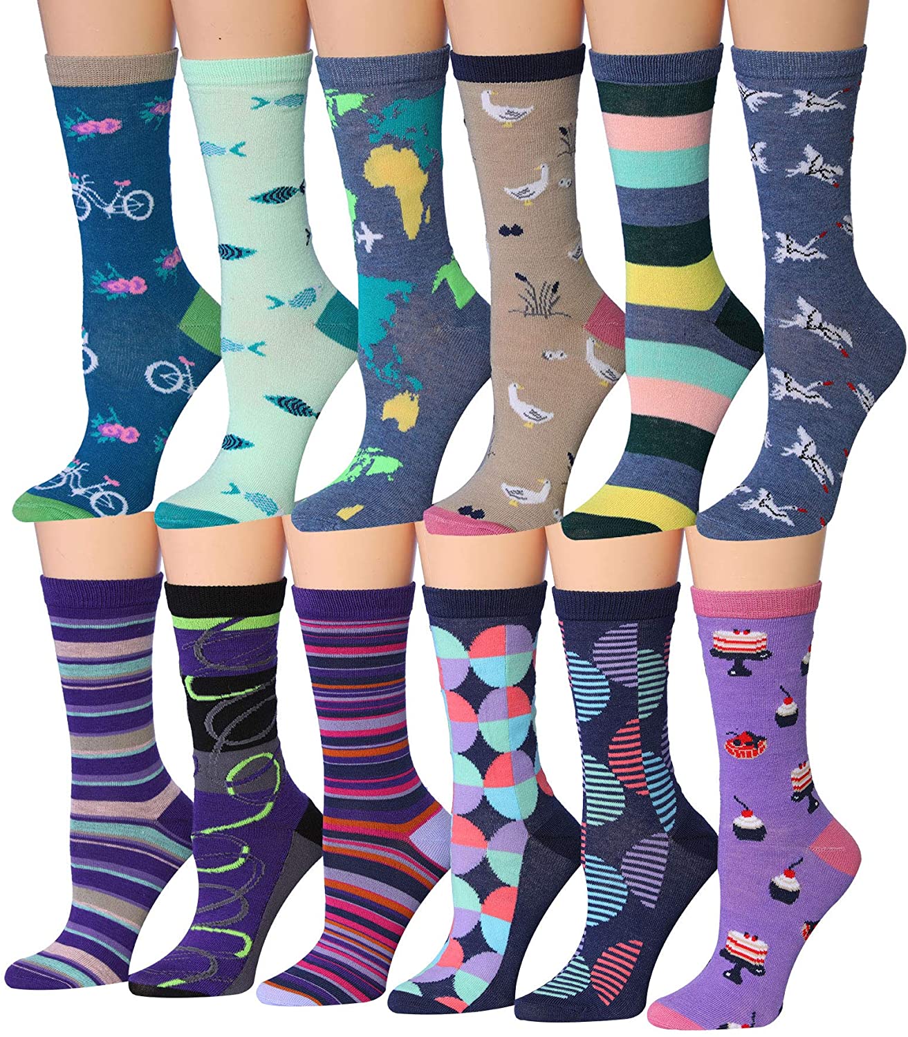 A colorful assortment of Tipi Toe Women's crew socks featuring various patterns and designs, neatly arranged in pairs.