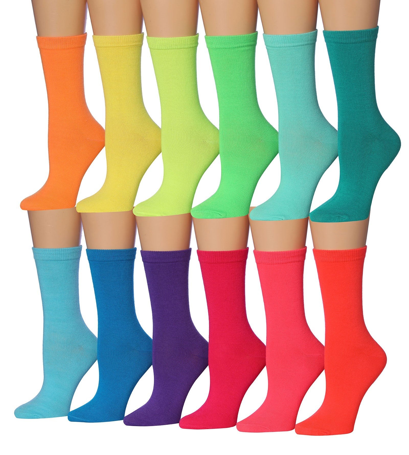 A colorful assortment of Tipi Toe Women's crew socks featuring various patterns and designs, neatly arranged in pairs.