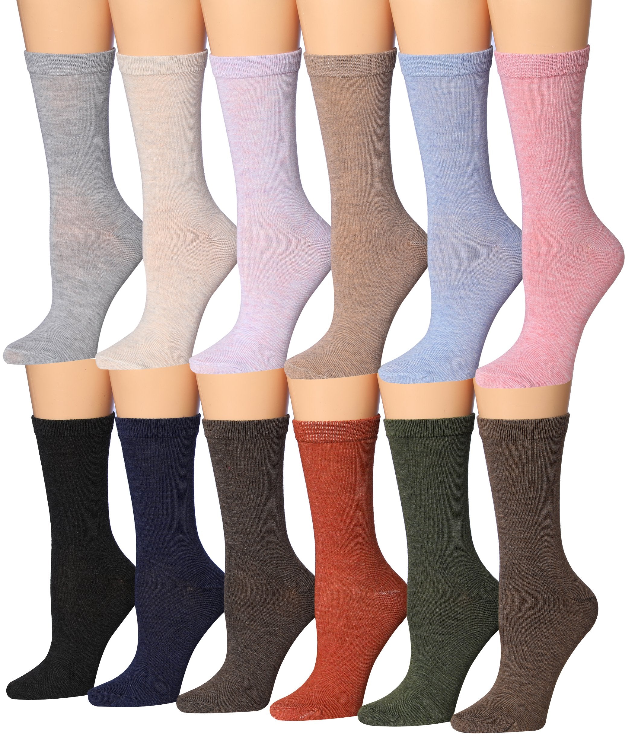 A colorful assortment of Tipi Toe Women's crew socks featuring various patterns and designs, neatly arranged in pairs.