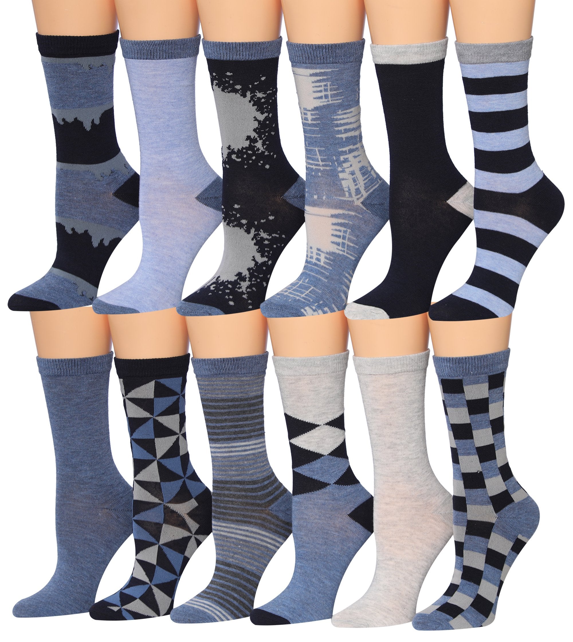 A colorful assortment of Tipi Toe Women's crew socks featuring various patterns and designs, neatly arranged in pairs.