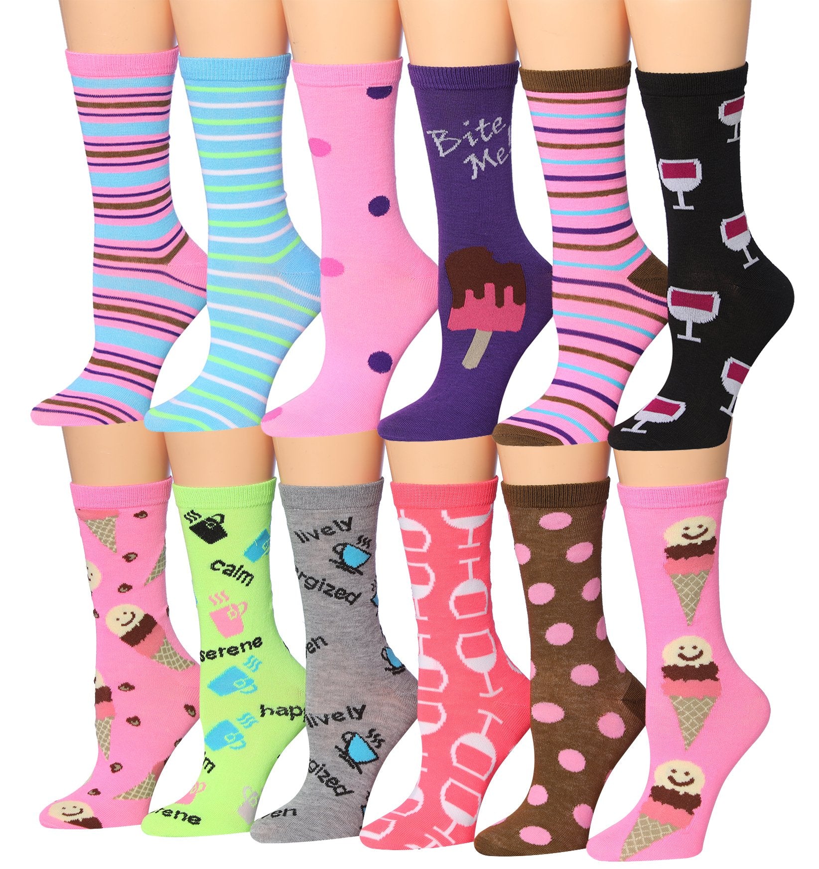 A colorful assortment of Tipi Toe Women's crew socks featuring various patterns and designs, neatly arranged in pairs.