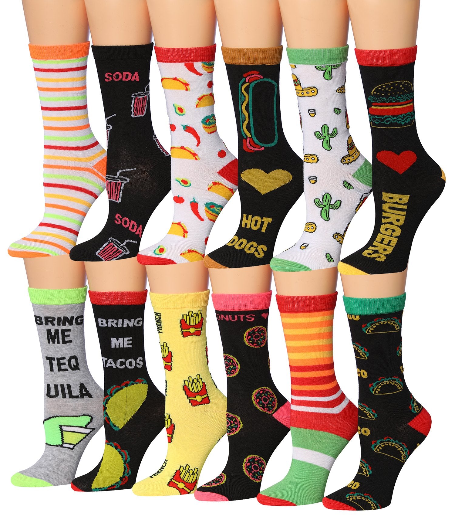 A colorful assortment of Tipi Toe Women's crew socks featuring various patterns and designs, neatly arranged in pairs.