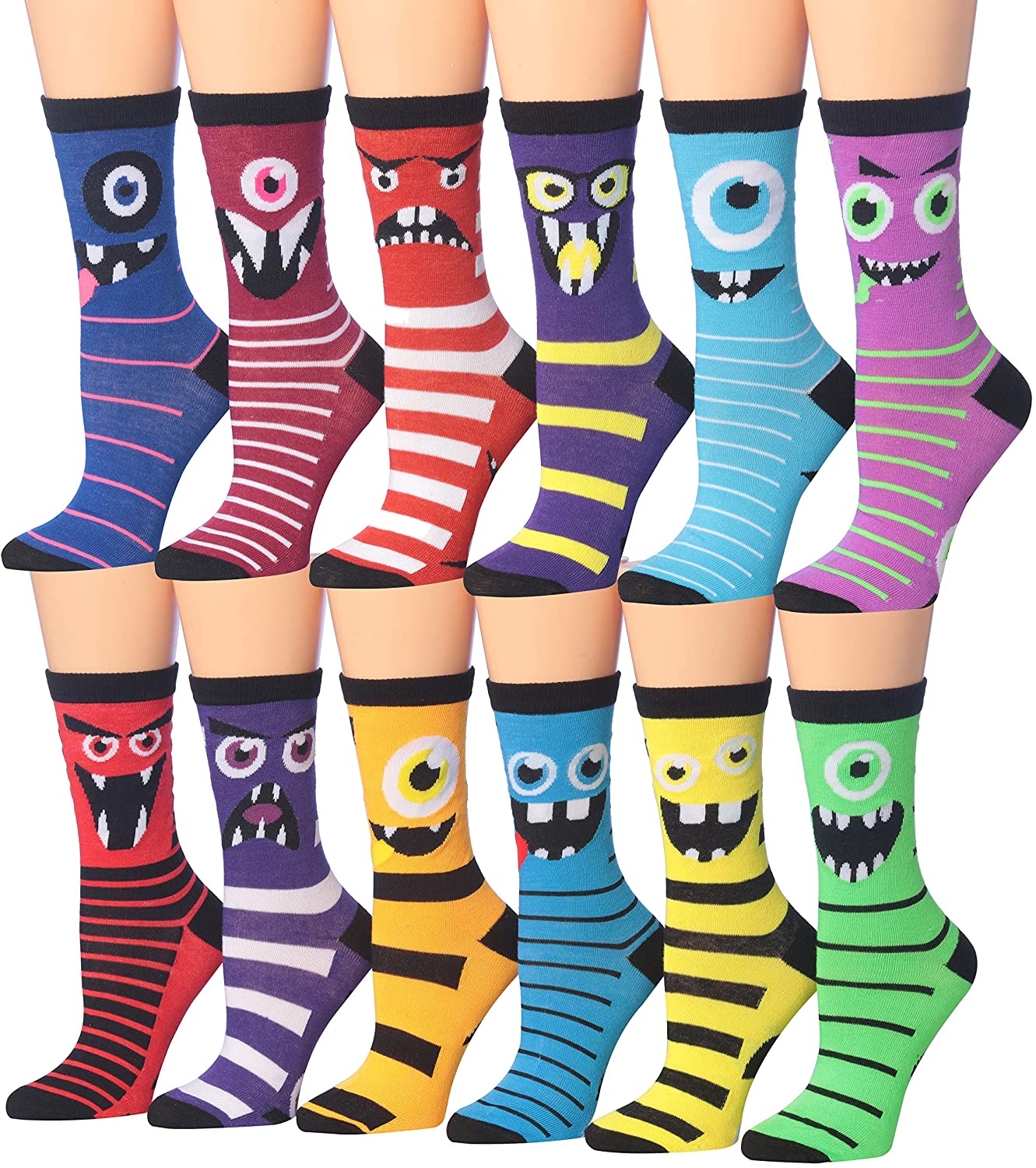 A colorful assortment of Tipi Toe Women's crew socks featuring various patterns and designs, neatly arranged in pairs.