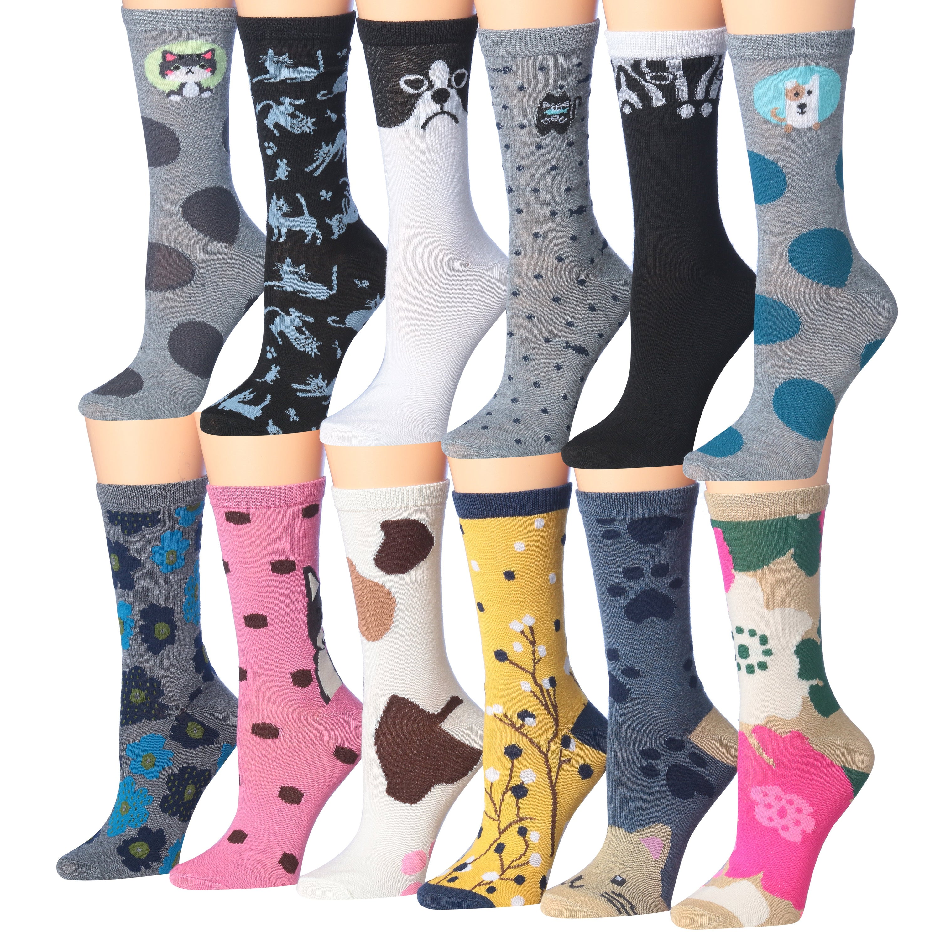 A colorful assortment of Tipi Toe Women's crew socks featuring various patterns and designs, neatly arranged in pairs.