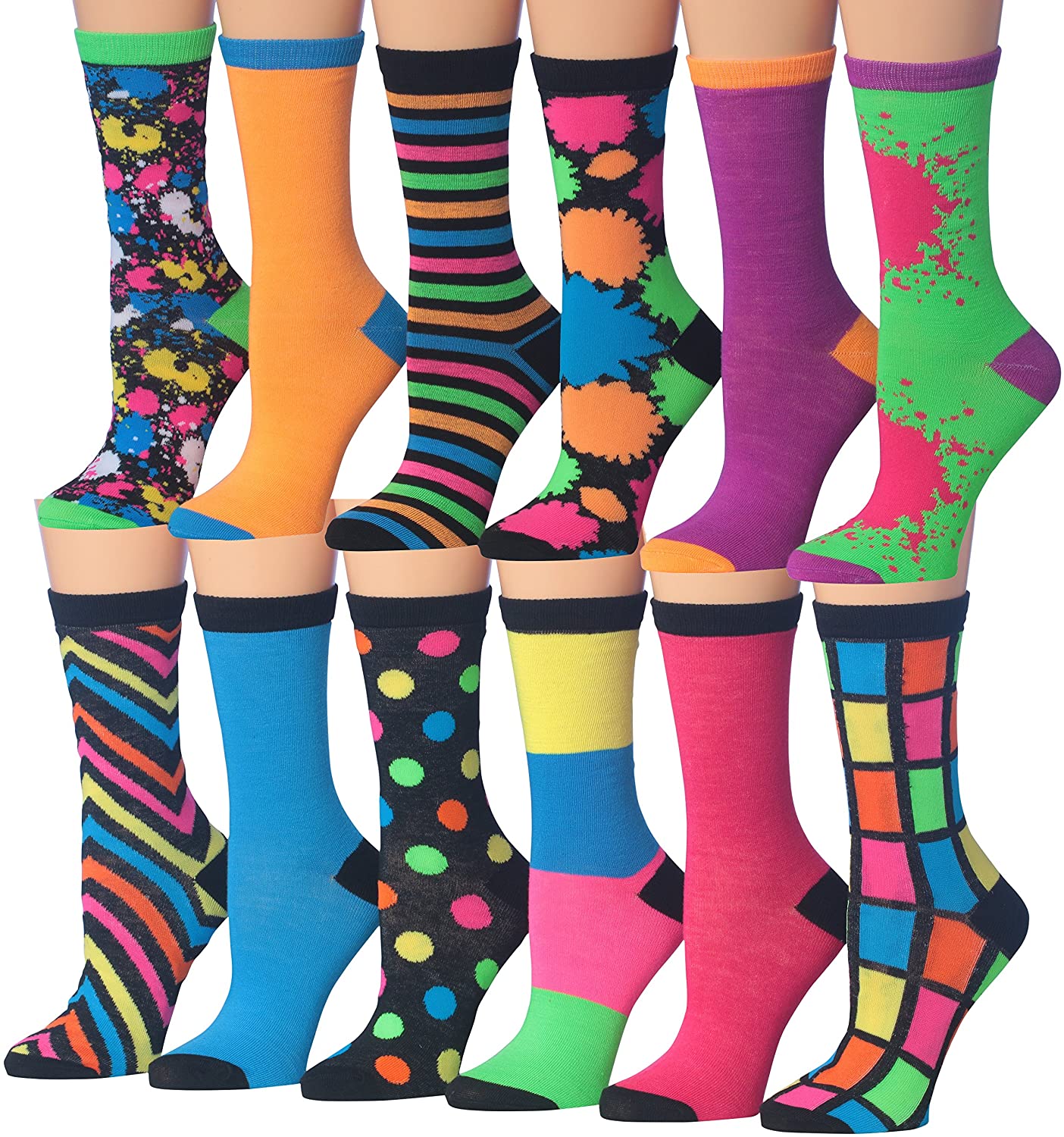 A colorful assortment of Tipi Toe Women's crew socks featuring various patterns and designs, neatly arranged in pairs.