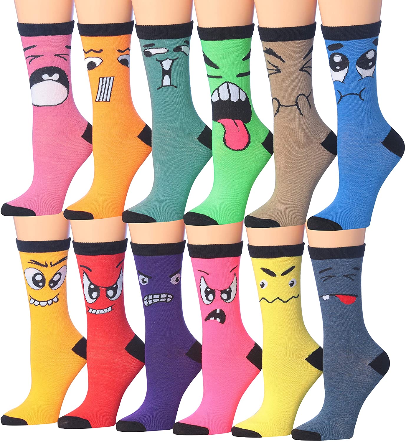 A colorful assortment of Tipi Toe Women's crew socks featuring various patterns and designs, neatly arranged in pairs.