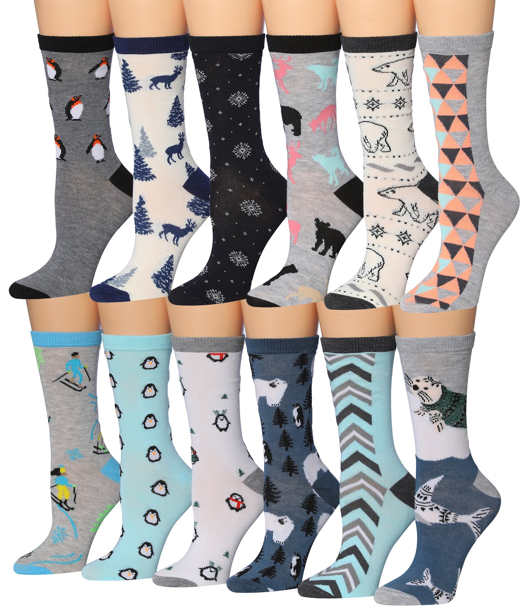 A colorful assortment of Tipi Toe Women's crew socks featuring various patterns and designs, neatly arranged in pairs.