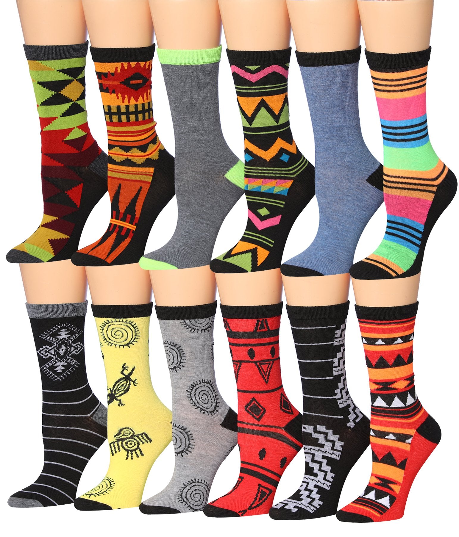 A colorful assortment of Tipi Toe women's crew socks featuring various patterns and designs, neatly arranged in pairs.