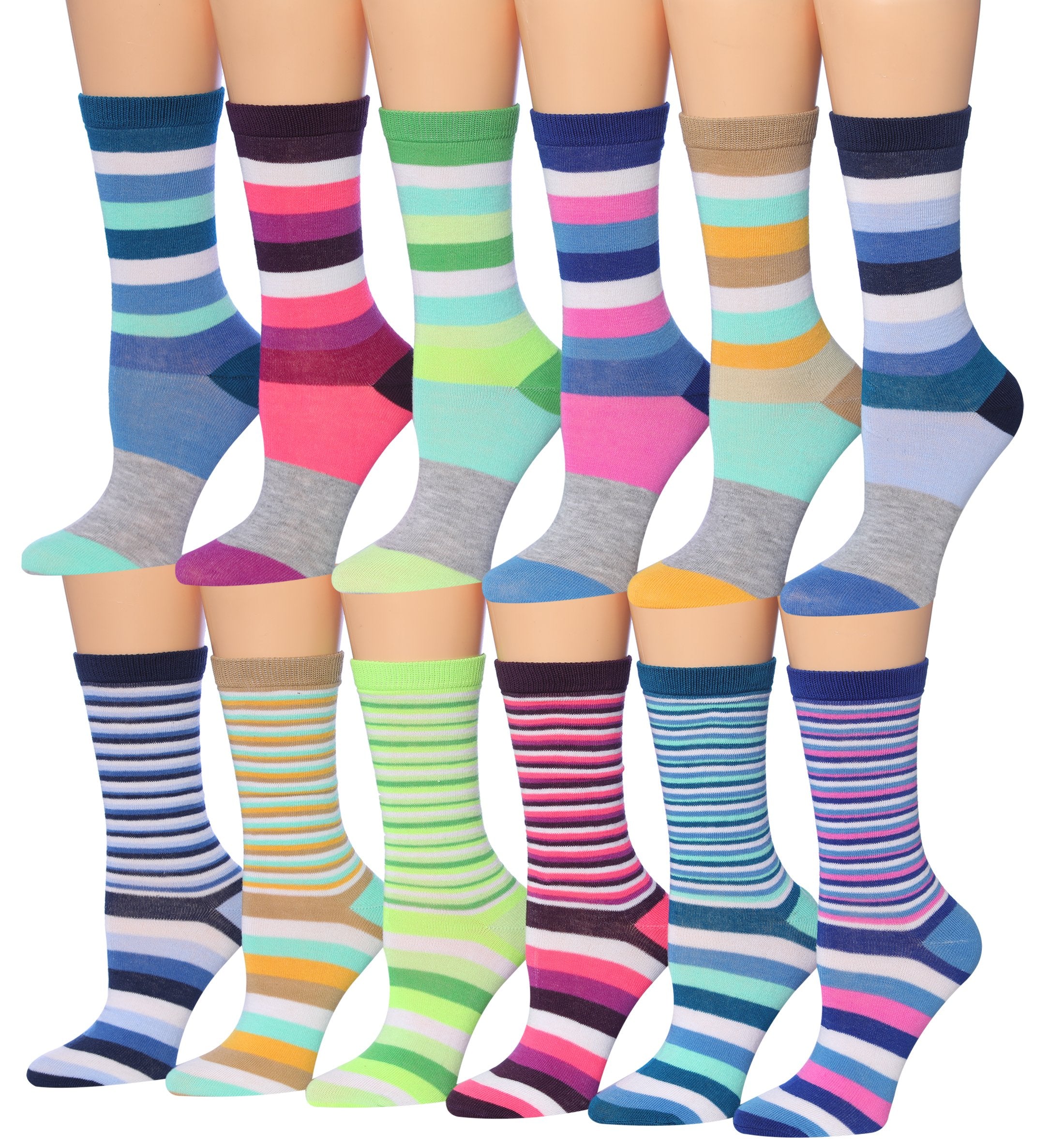 A colorful assortment of Tipi Toe women's crew socks featuring various patterns and designs, neatly arranged in pairs.