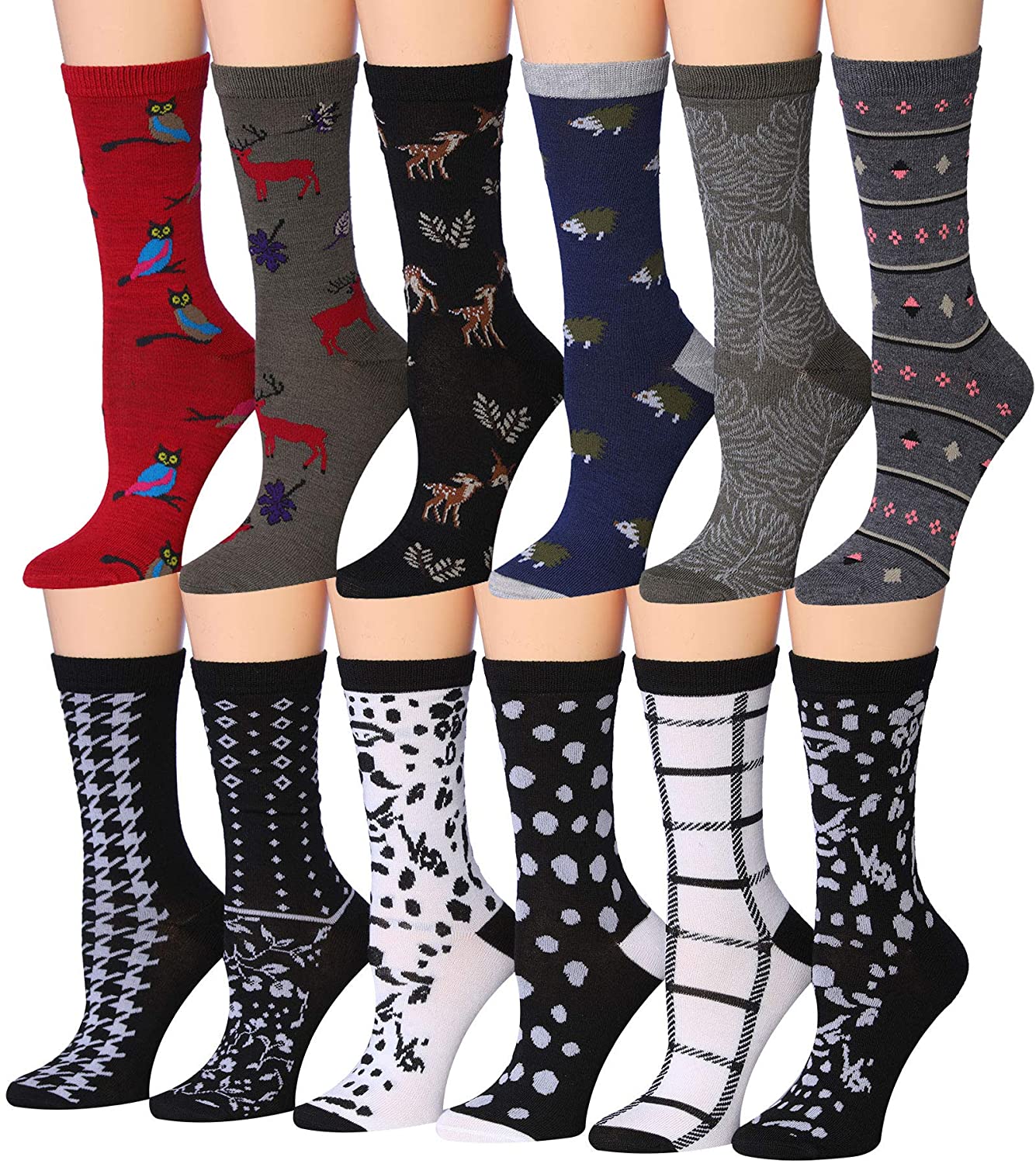 A colorful assortment of Tipi Toe women's crew socks featuring various patterns and designs, neatly arranged in pairs.