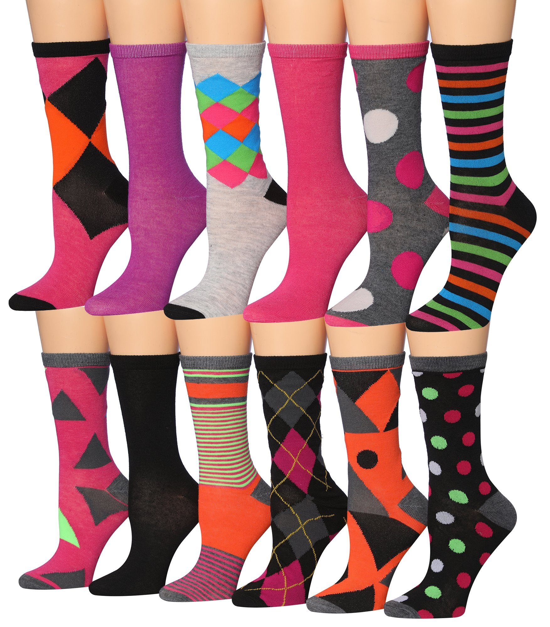 A colorful assortment of Tipi Toe women's crew socks featuring various patterns and designs, neatly arranged in pairs.