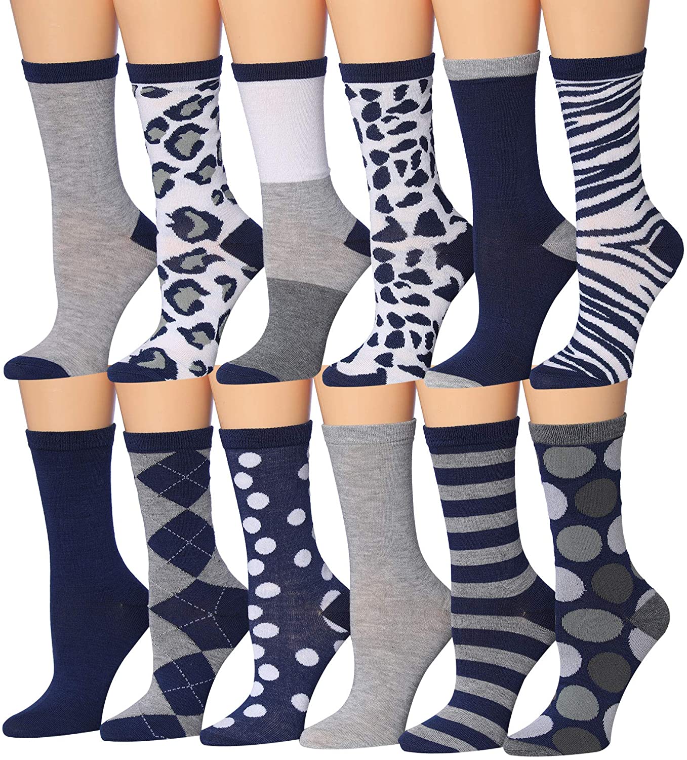 A colorful assortment of Tipi Toe women's crew socks featuring various patterns and designs, neatly arranged in pairs.