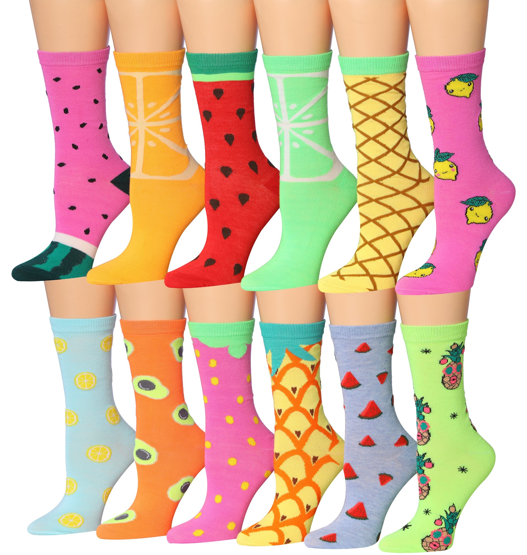 A colorful assortment of Tipi Toe women's crew socks featuring various patterns and designs, neatly arranged in pairs.