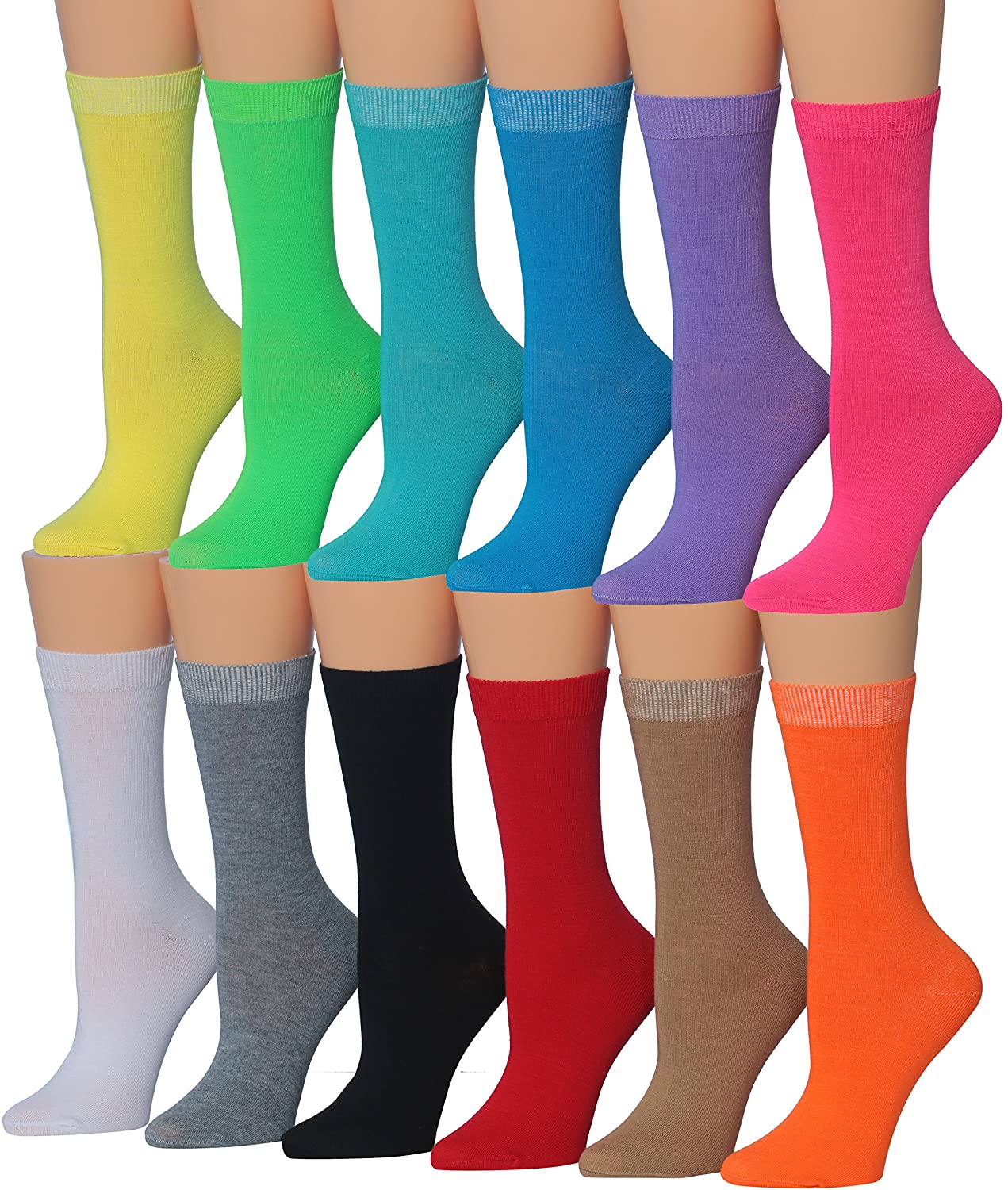 A colorful assortment of Tipi Toe women's crew socks featuring various patterns and designs, neatly arranged in pairs.