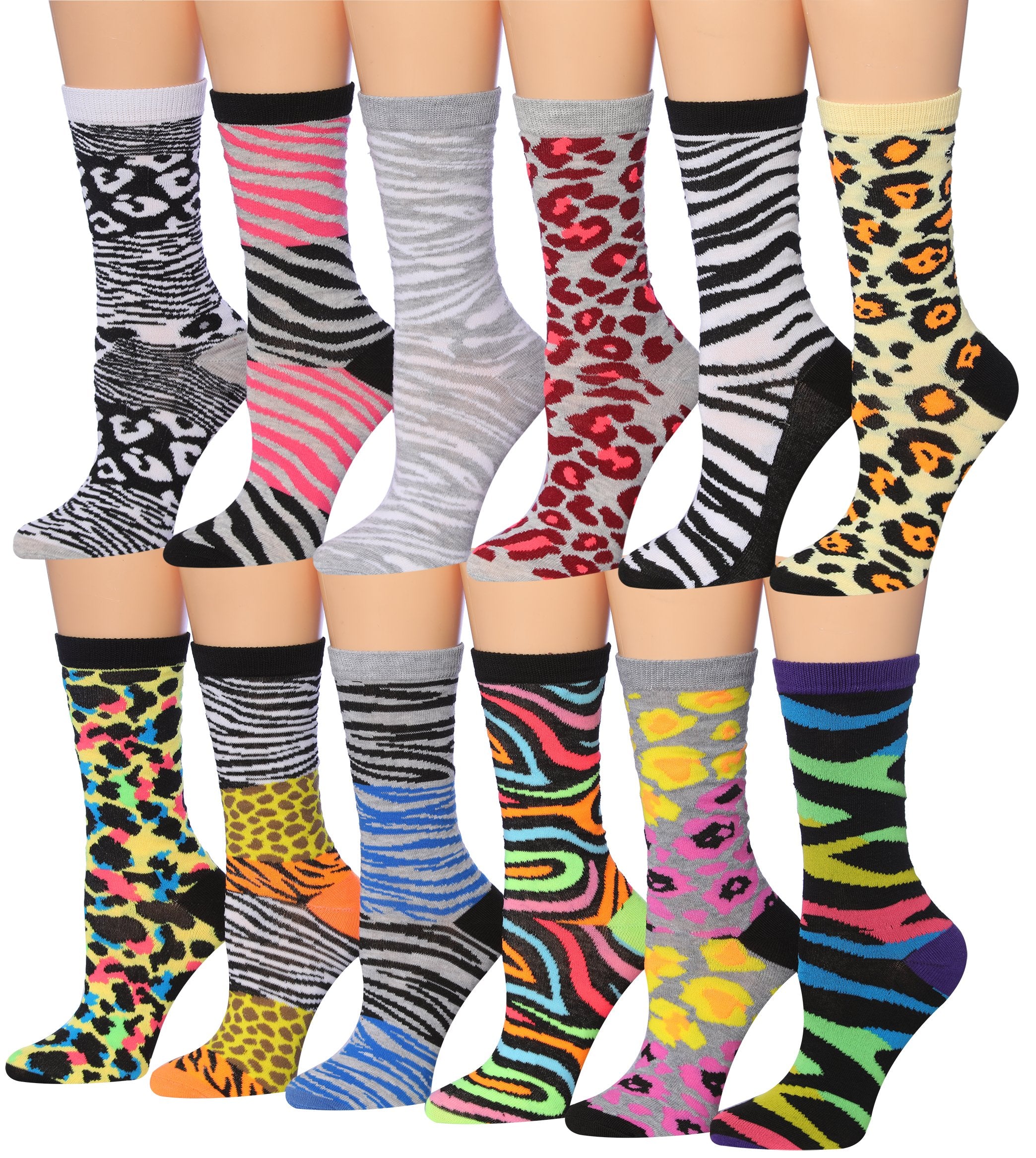 A colorful assortment of Tipi Toe women's crew socks featuring various patterns and designs, neatly arranged in pairs.