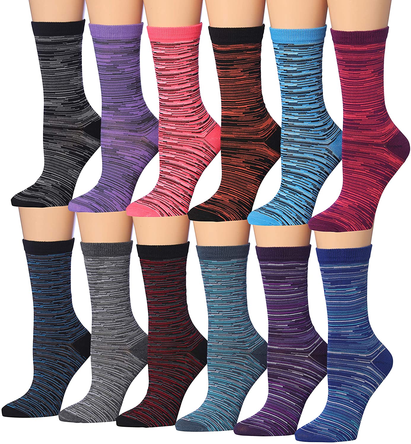 A colorful assortment of Tipi Toe women's crew socks featuring various patterns and designs, neatly arranged in pairs.