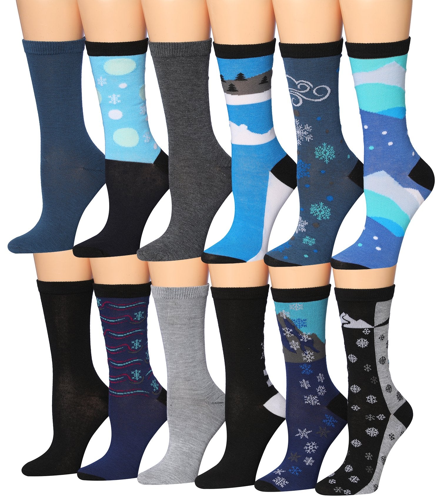 A colorful assortment of Tipi Toe women's crew socks featuring various patterns and designs, neatly arranged in pairs.