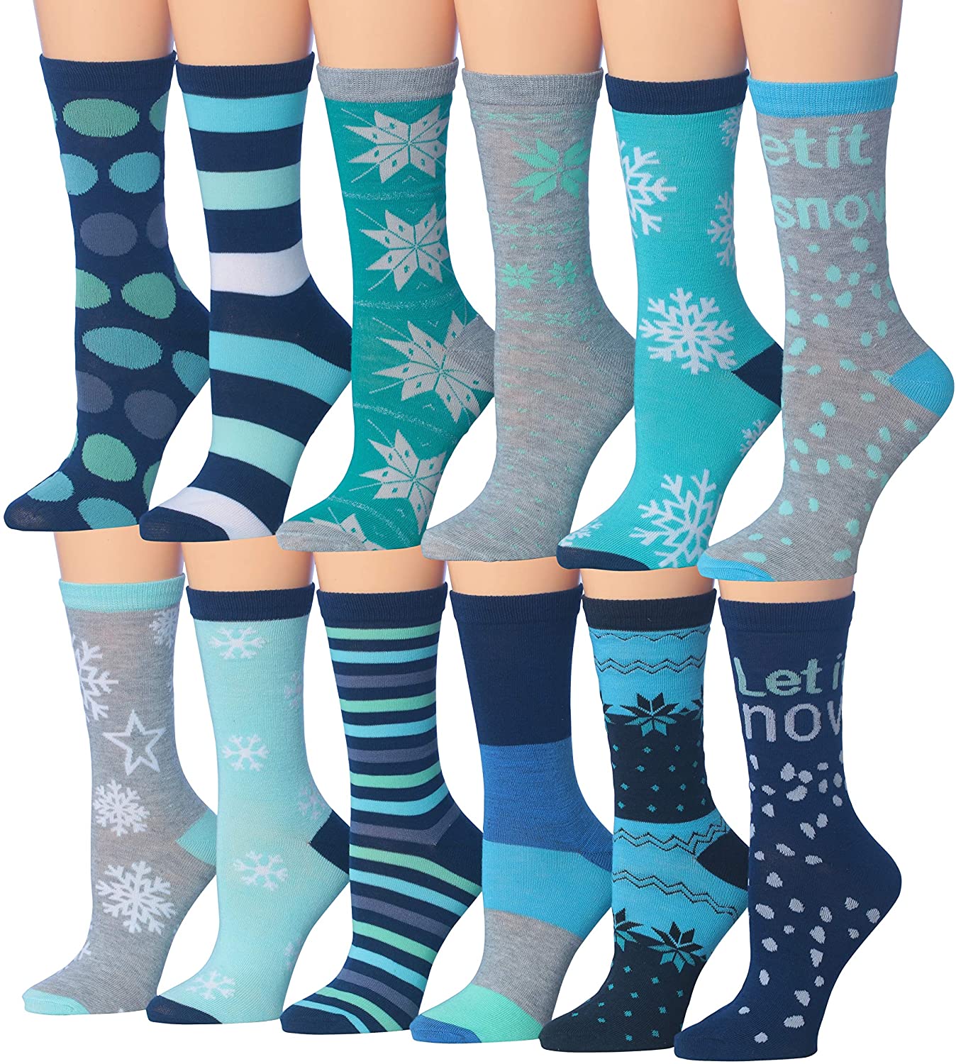 A colorful assortment of Tipi Toe Women's crew socks featuring various patterns including stripes, polka dots, and floral designs.