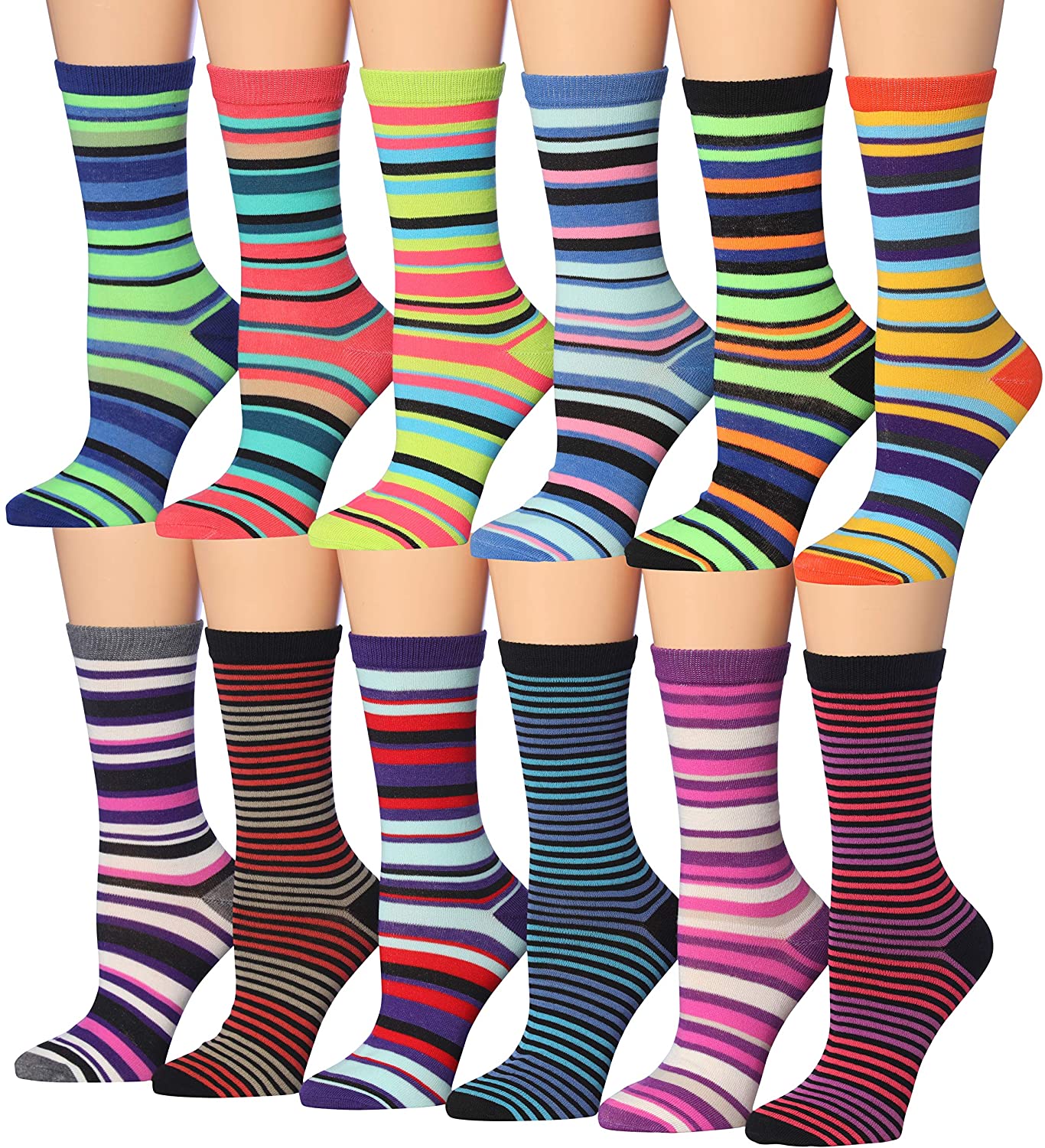 A colorful assortment of Tipi Toe Women's crew socks featuring various patterns including stripes, polka dots, and floral designs.