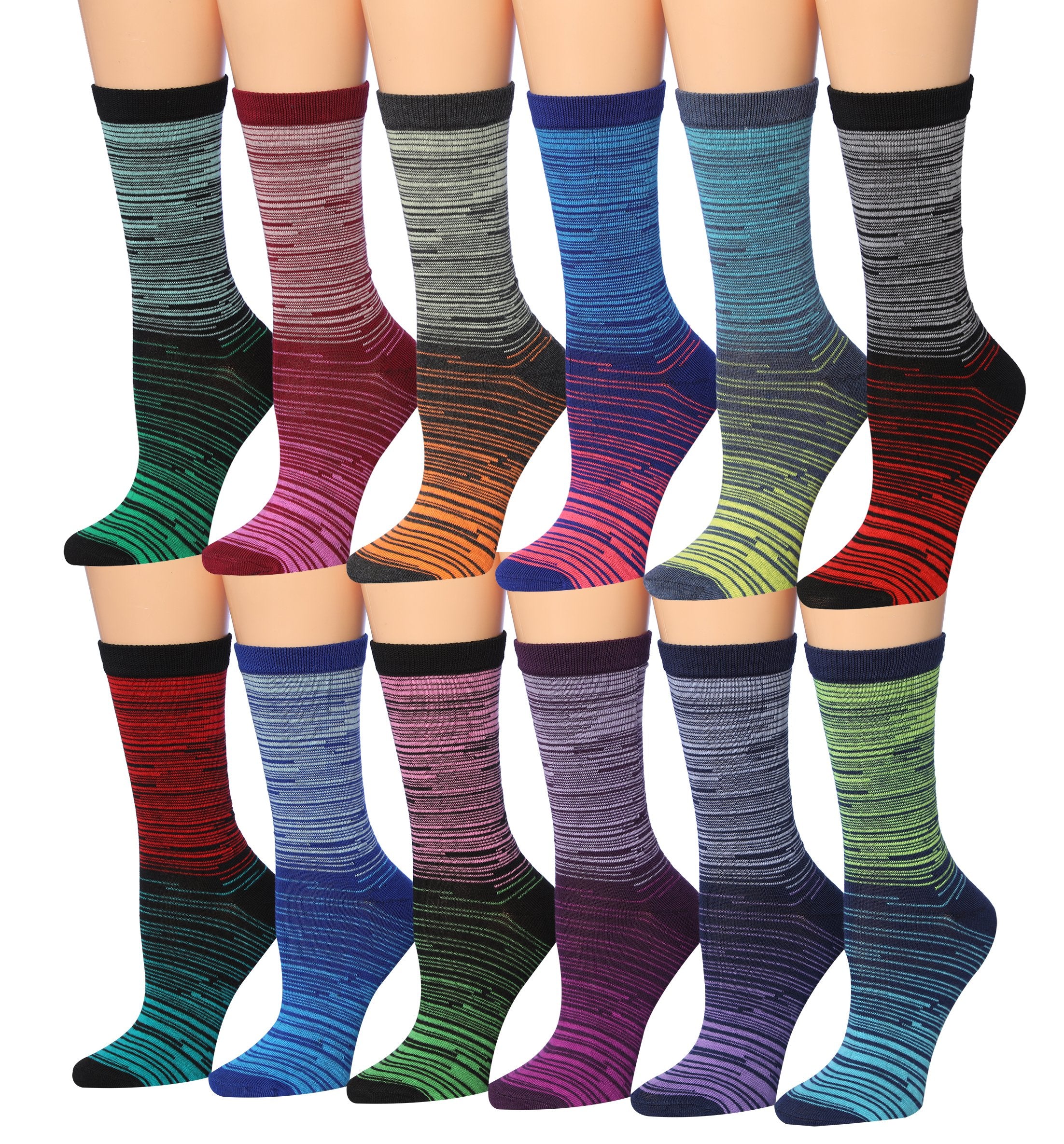 A colorful assortment of Tipi Toe Women's crew socks featuring various patterns including stripes, polka dots, and floral designs.