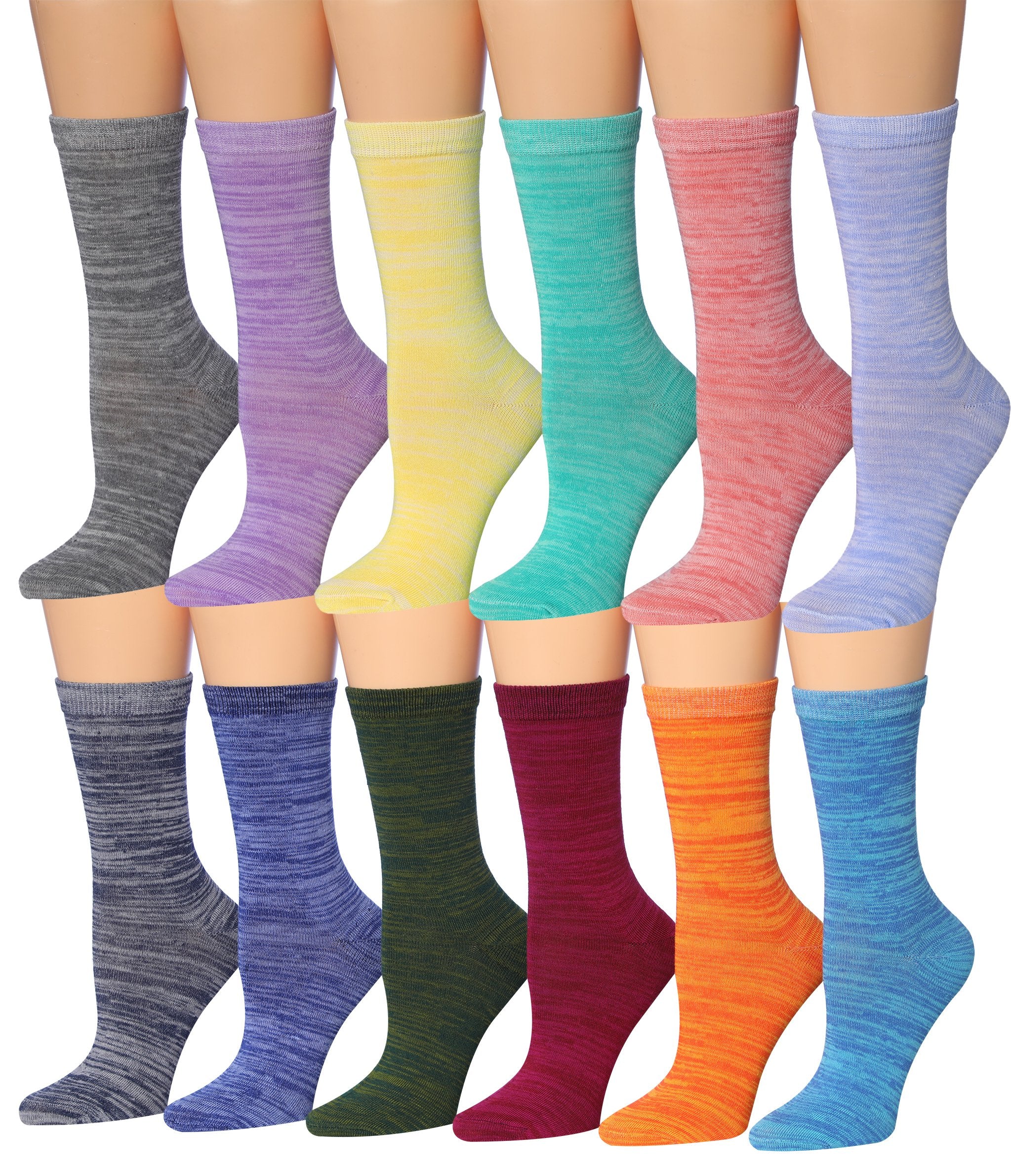 A colorful assortment of Tipi Toe Women's crew socks featuring various patterns including stripes, polka dots, and floral designs.