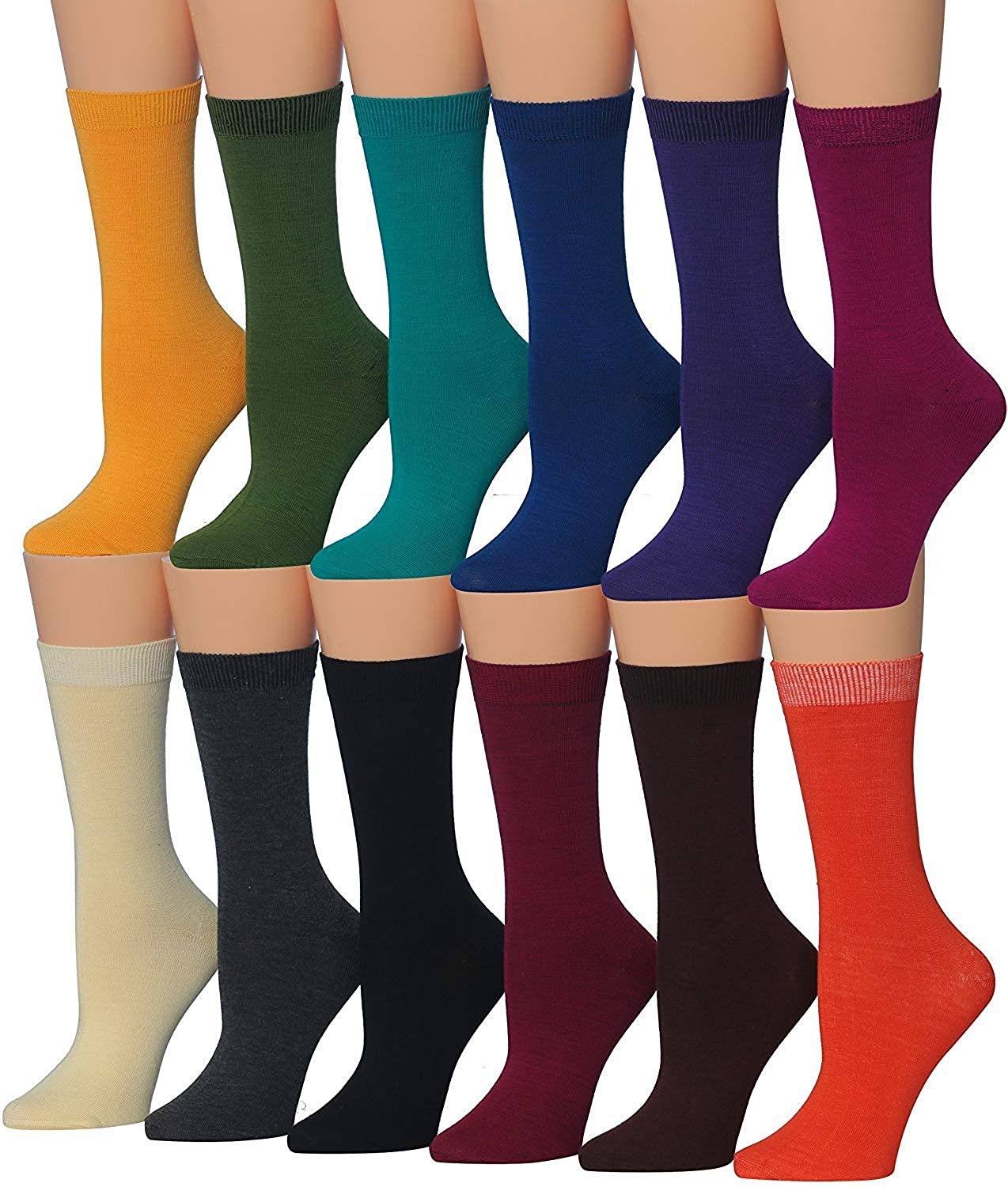 A colorful assortment of Tipi Toe Women's crew socks featuring various patterns including stripes, polka dots, and floral designs.