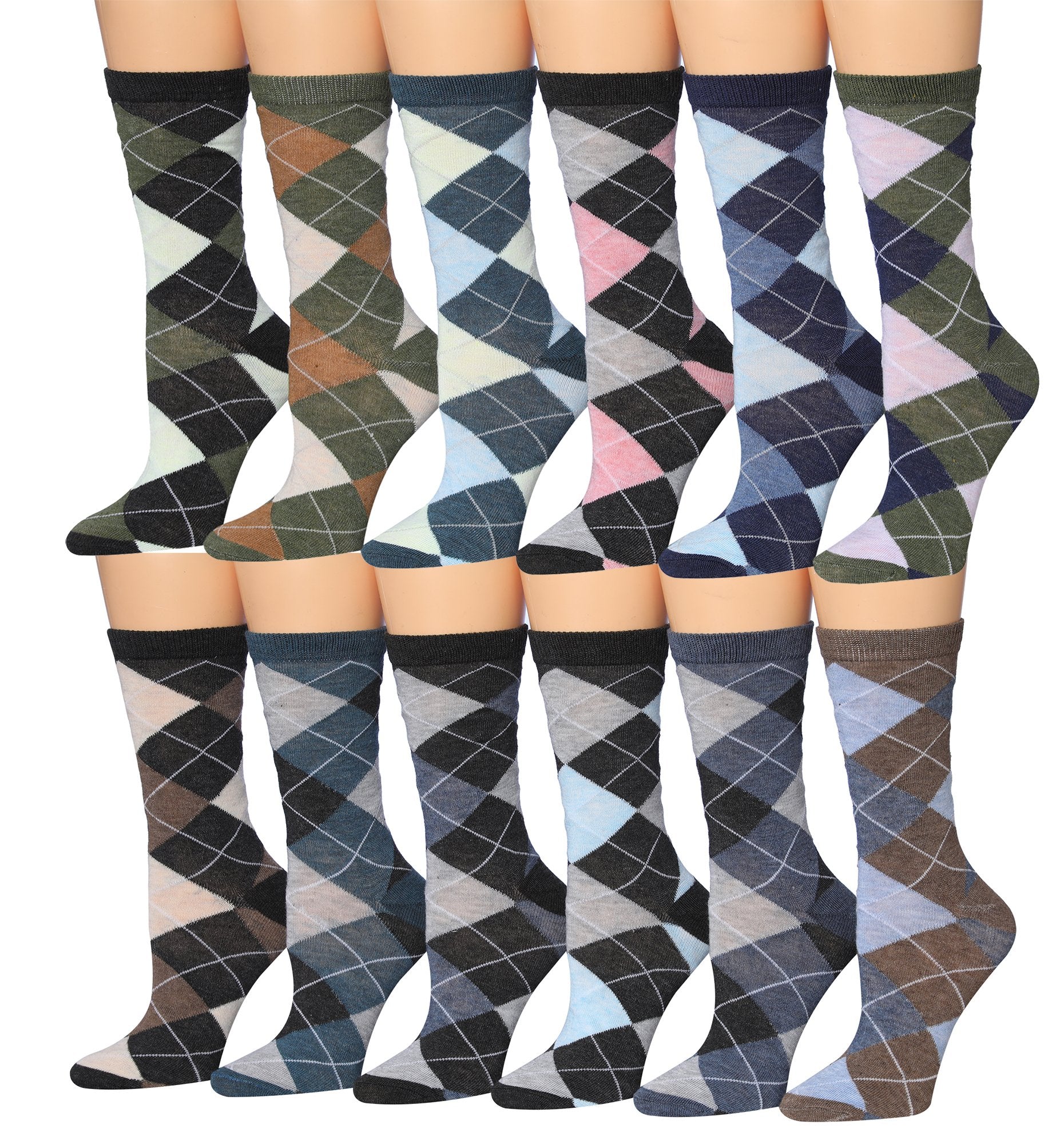 A colorful assortment of Tipi Toe Women's crew socks featuring various patterns including stripes, polka dots, and floral designs.