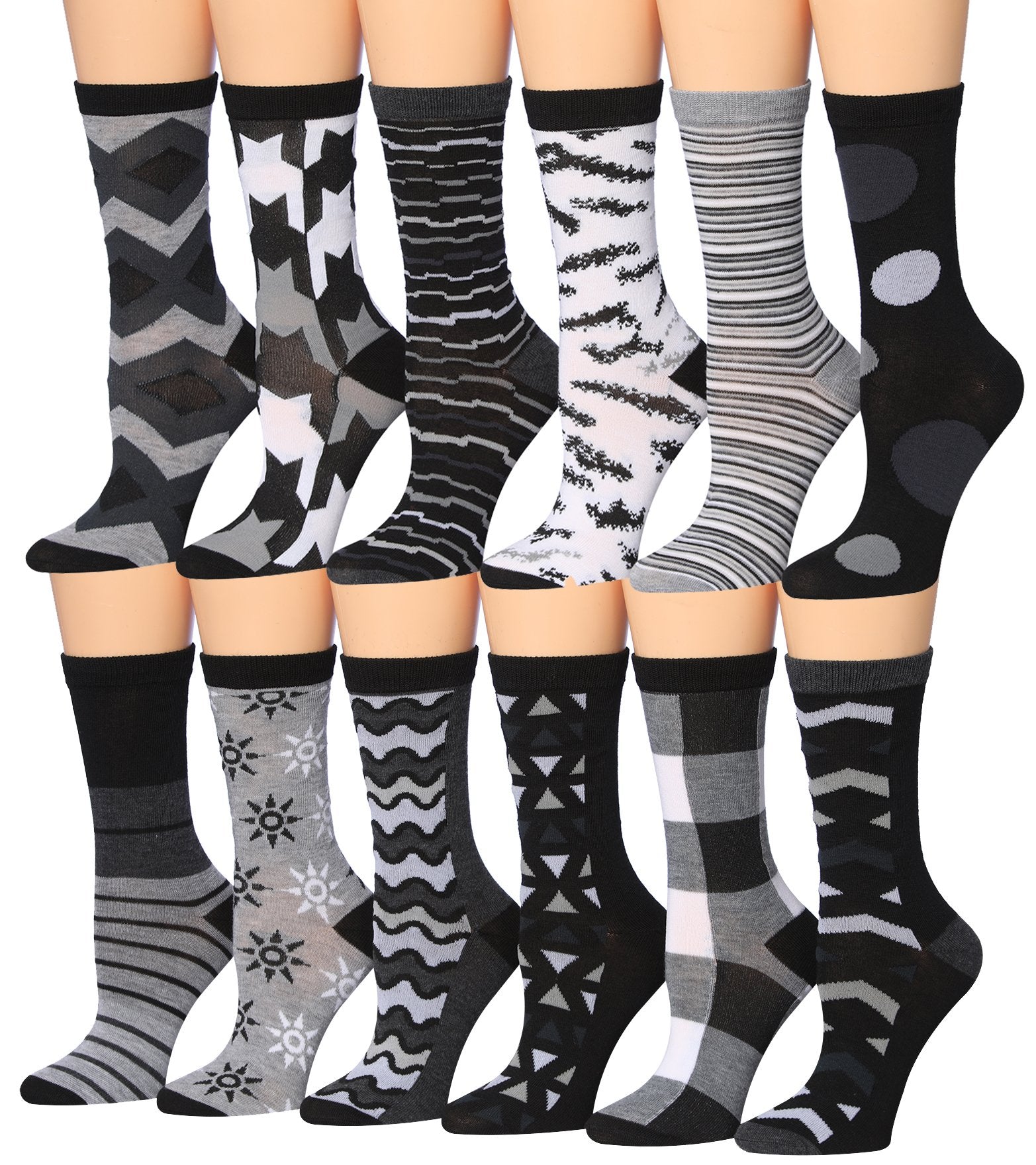 A colorful assortment of Tipi Toe Women's crew socks featuring various patterns including stripes, polka dots, and floral designs.