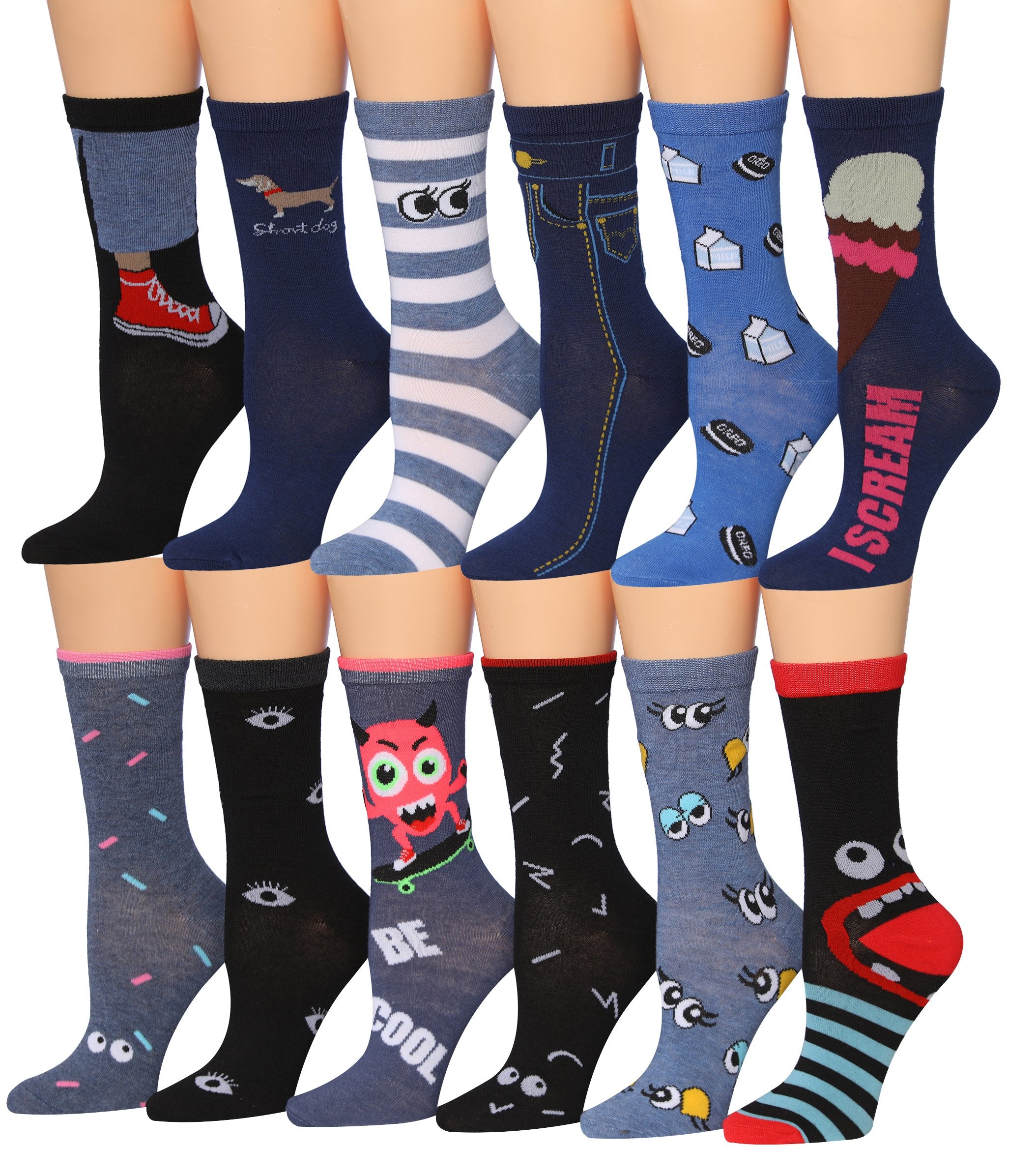 A colorful assortment of Tipi Toe women's crew socks featuring various patterns and designs, neatly arranged in pairs.