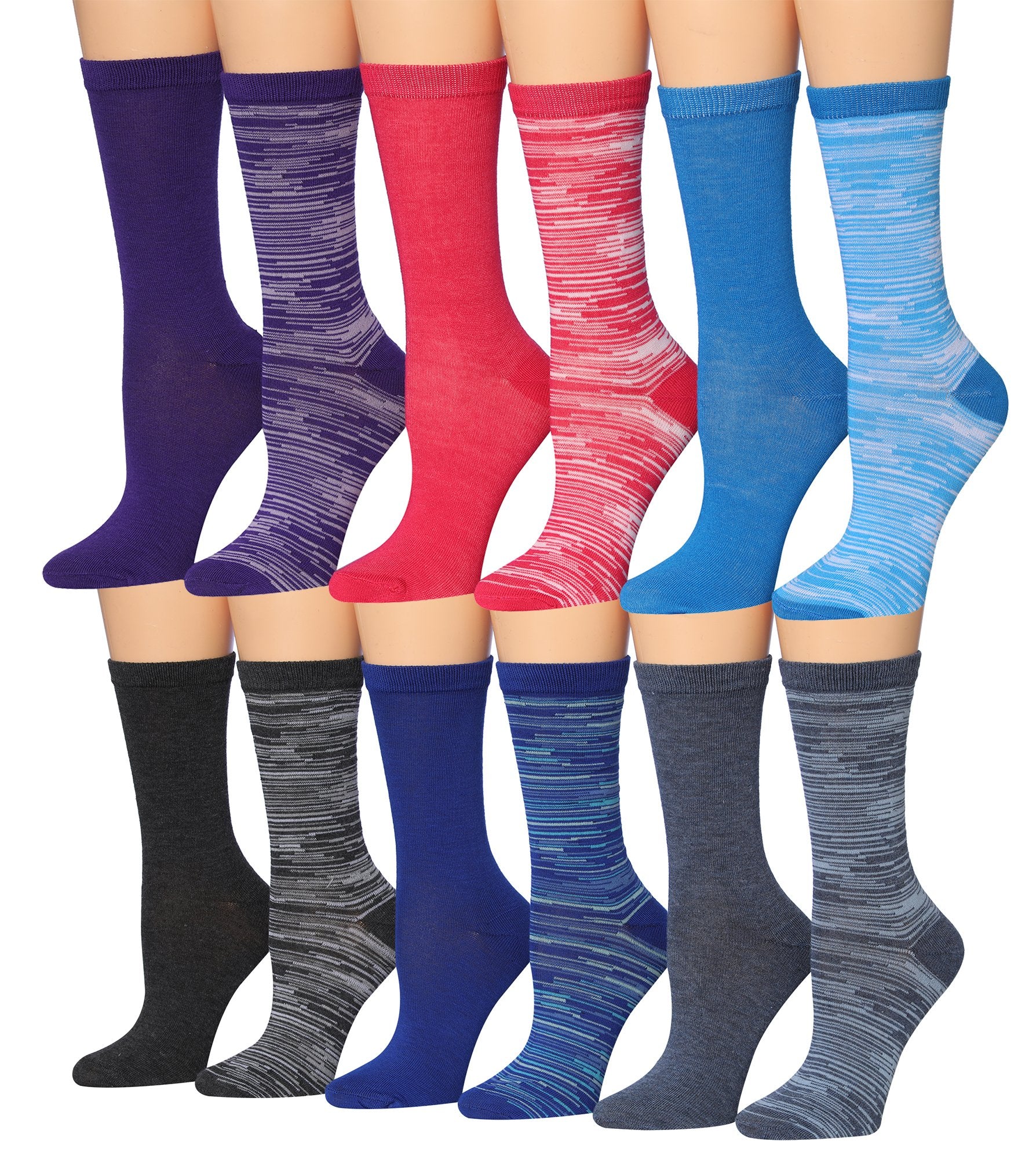 A colorful assortment of Tipi Toe women's crew socks featuring various patterns and designs, neatly arranged in pairs.