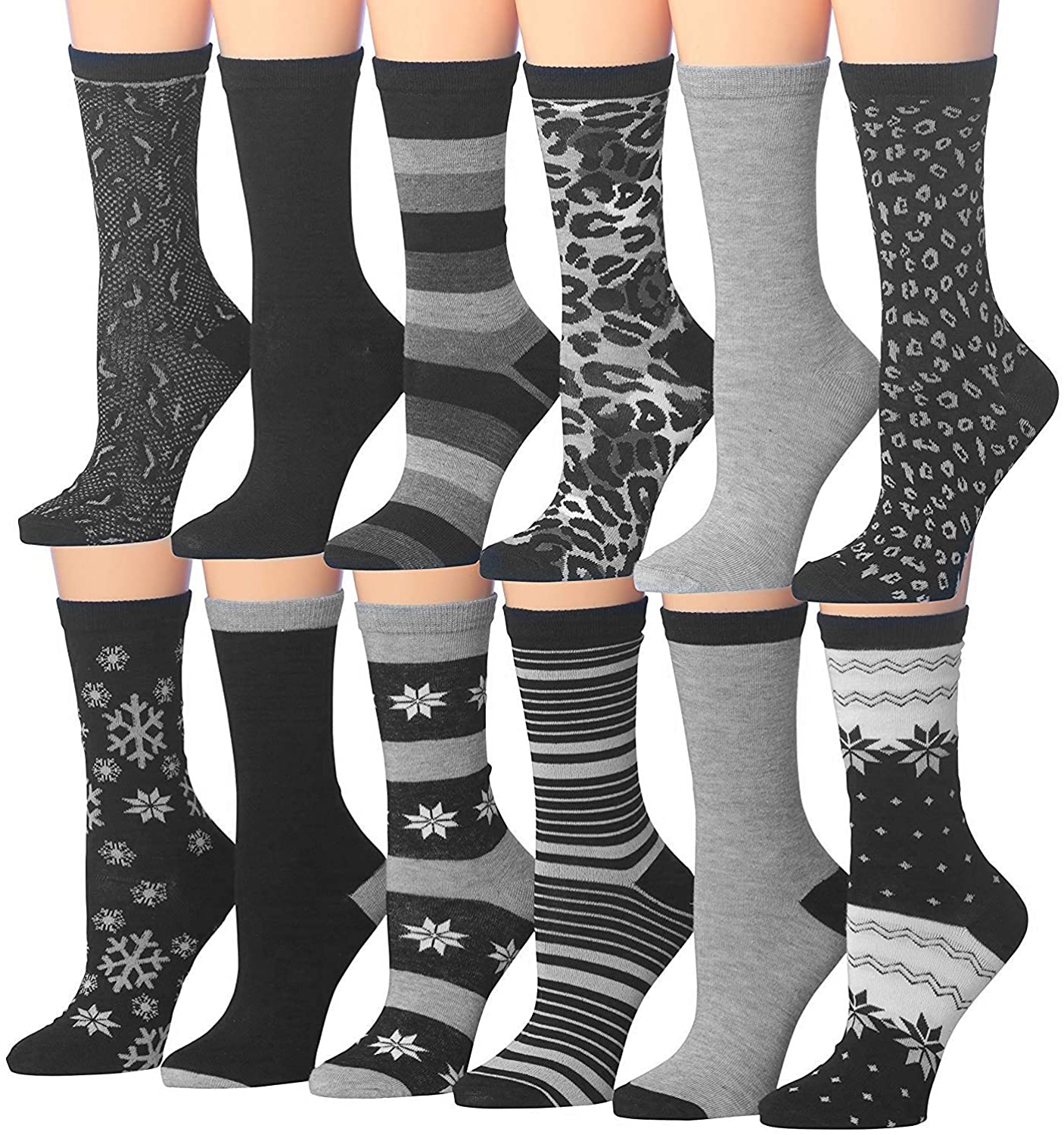 A colorful assortment of Tipi Toe Women's crew socks featuring various patterns including stripes, polka dots, and floral designs.