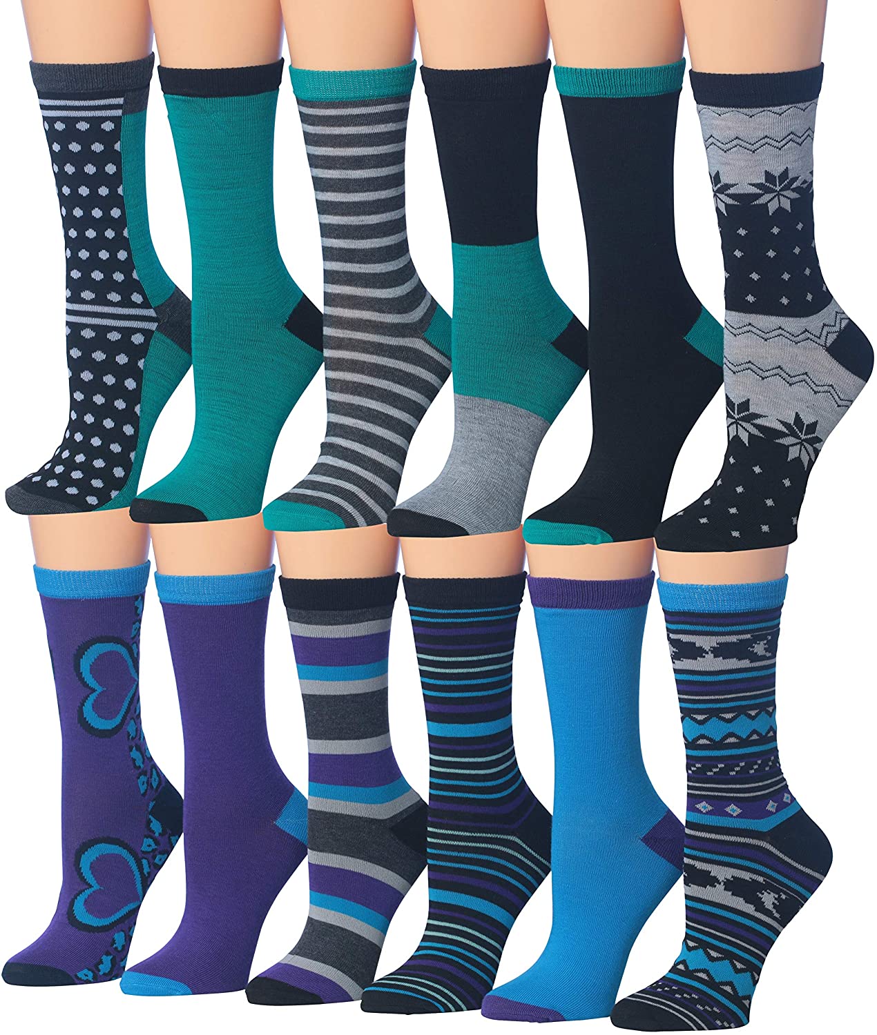 A colorful assortment of Tipi Toe Women's crew socks featuring various patterns including stripes, polka dots, and floral designs.