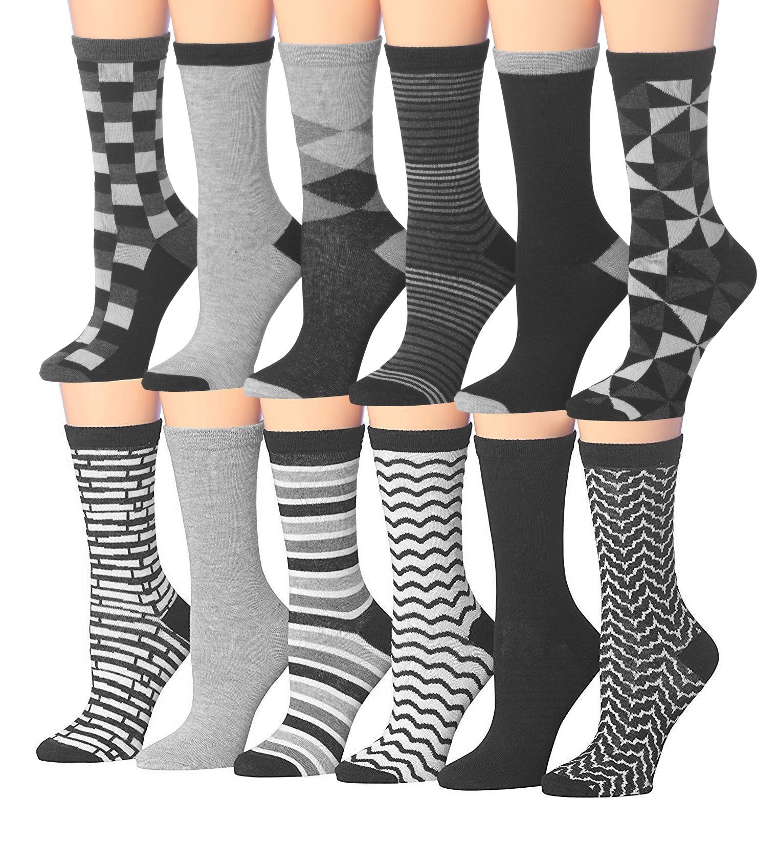 A colorful assortment of Tipi Toe Women's crew socks featuring various patterns including stripes, polka dots, and floral designs.