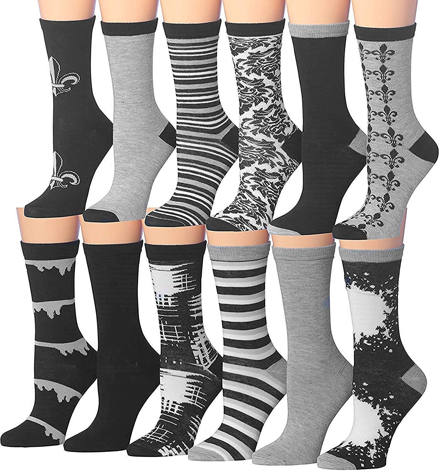 A colorful assortment of Tipi Toe Women's crew socks featuring various patterns including stripes, polka dots, and floral designs.