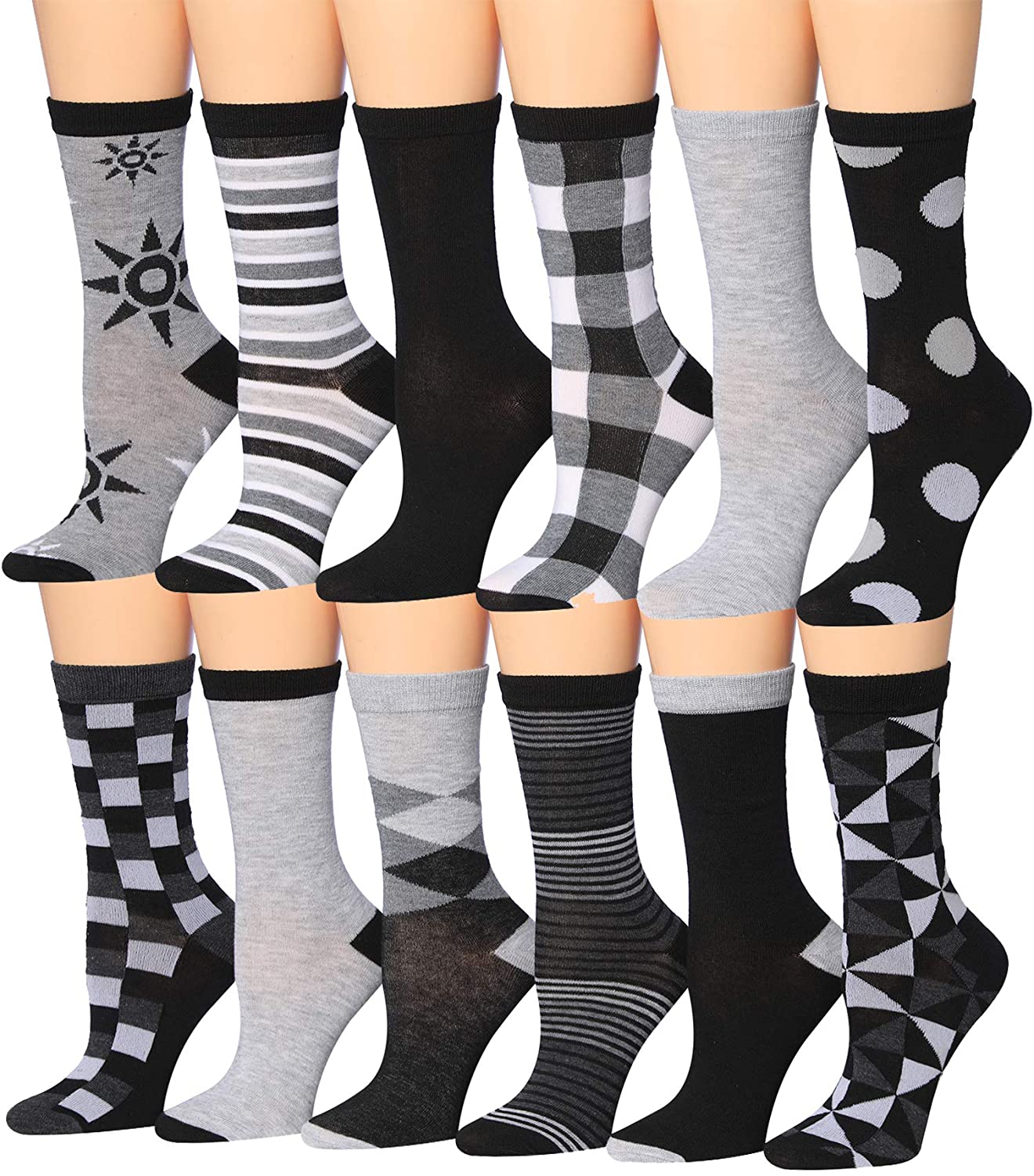 A colorful assortment of Tipi Toe Women's crew socks featuring various patterns including stripes, polka dots, and floral designs.