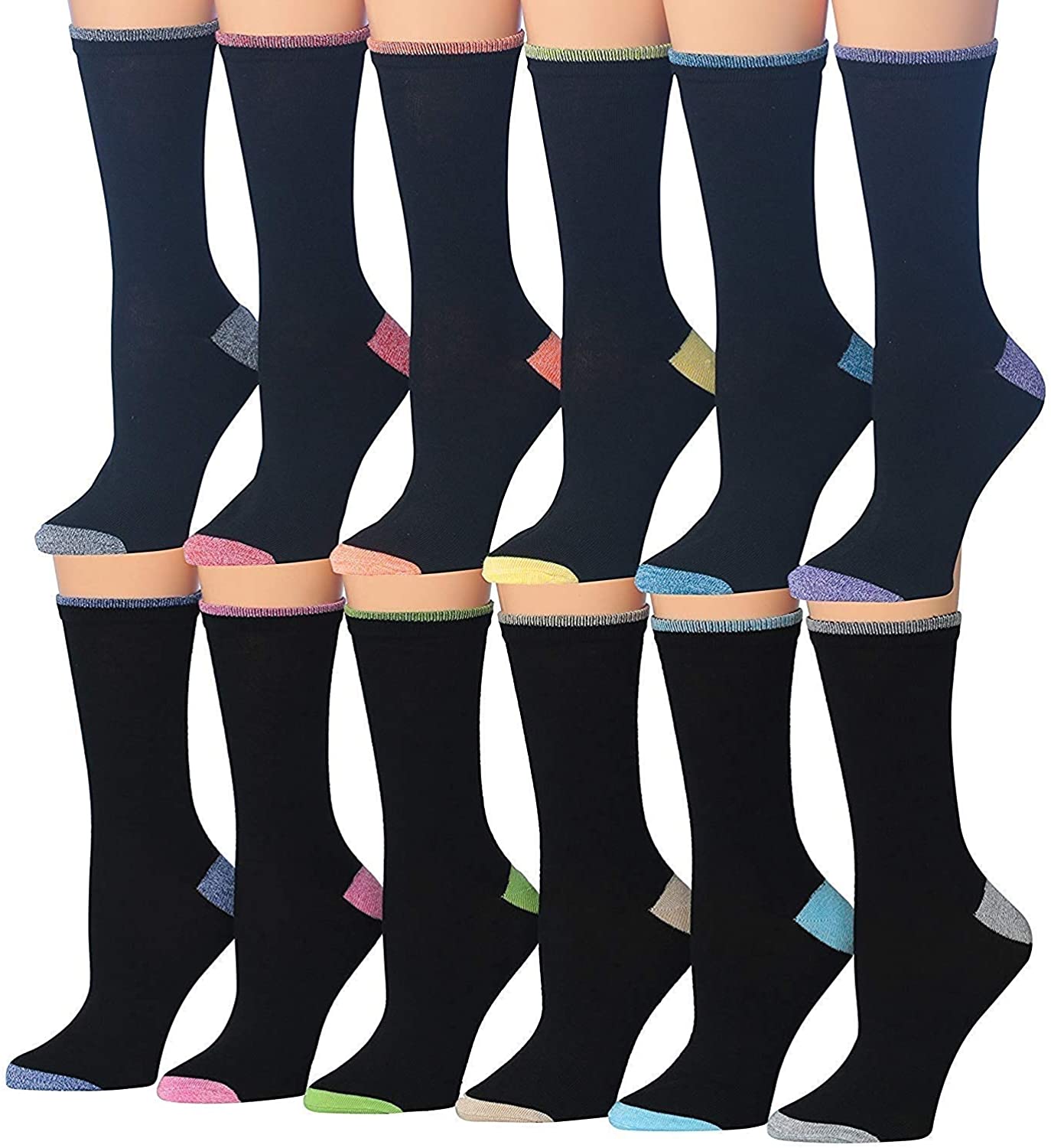 A colorful assortment of Tipi Toe Women's crew socks featuring various patterns including stripes, polka dots, and floral designs.