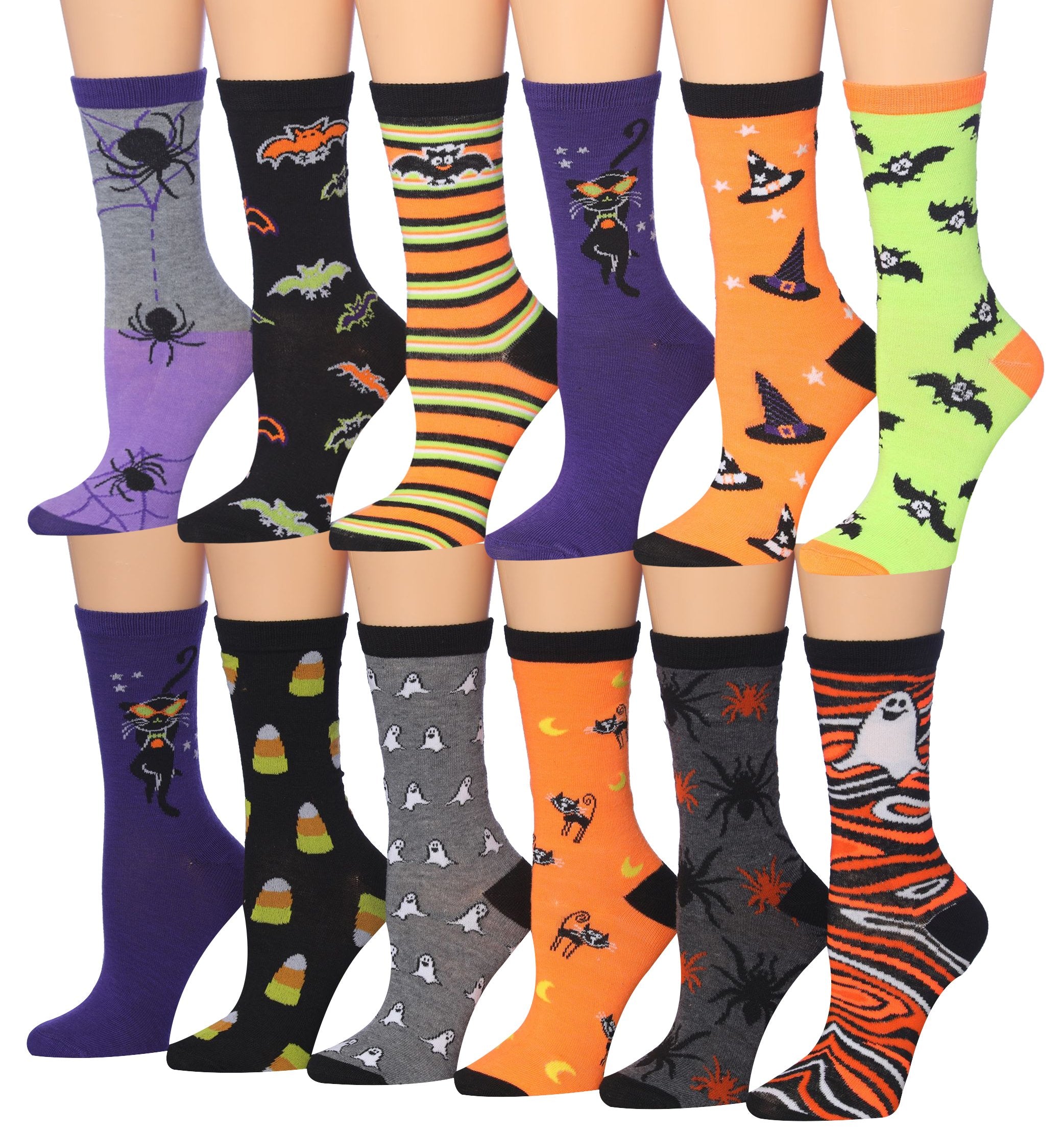 A colorful assortment of Tipi Toe Women's crew socks featuring various patterns including stripes, polka dots, and floral designs.